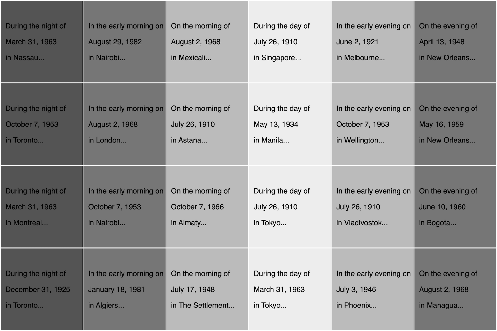 A grid of gray tiles each showing a short date and location snippet in different shades.