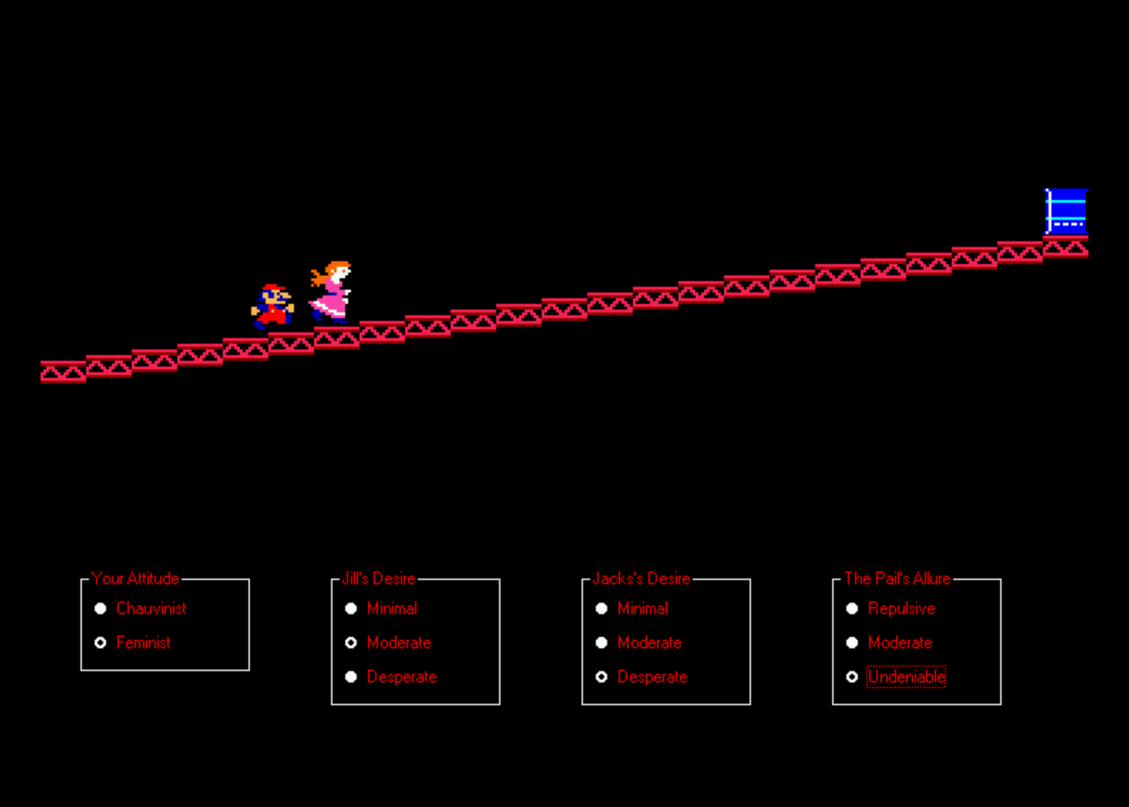 A pixelated Mario and Pauline run up red piping towards a blue barrel, with radio buttons below letting the user choose various attitudes and desires.