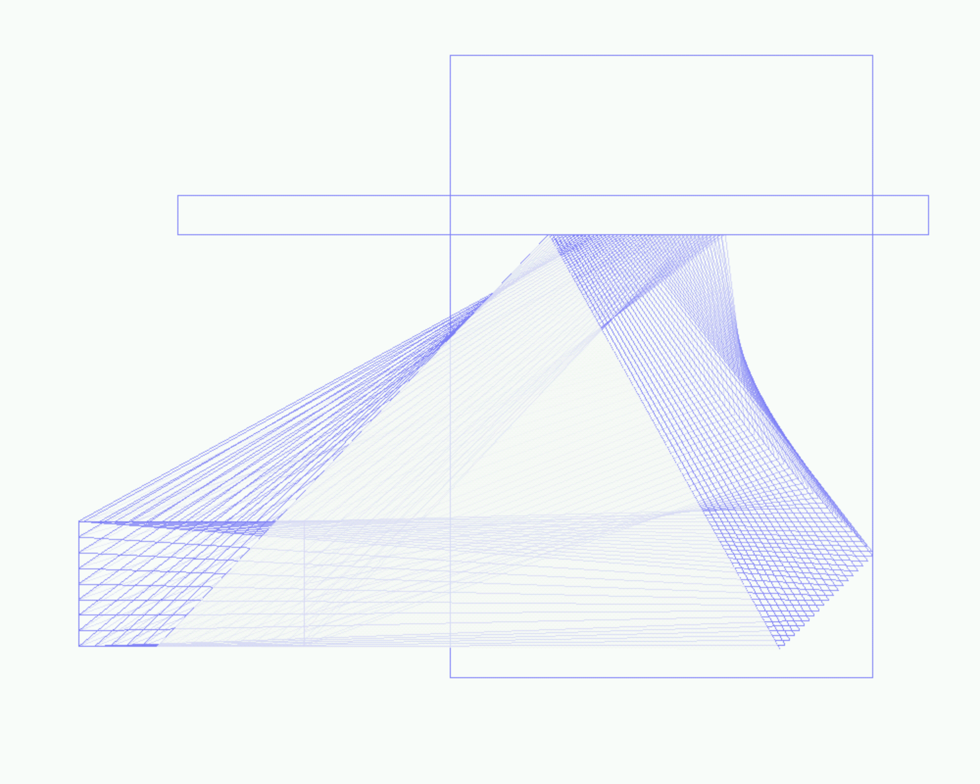 Delicate blue wireframe lines form overlapping rectangular shapes against a pale background.