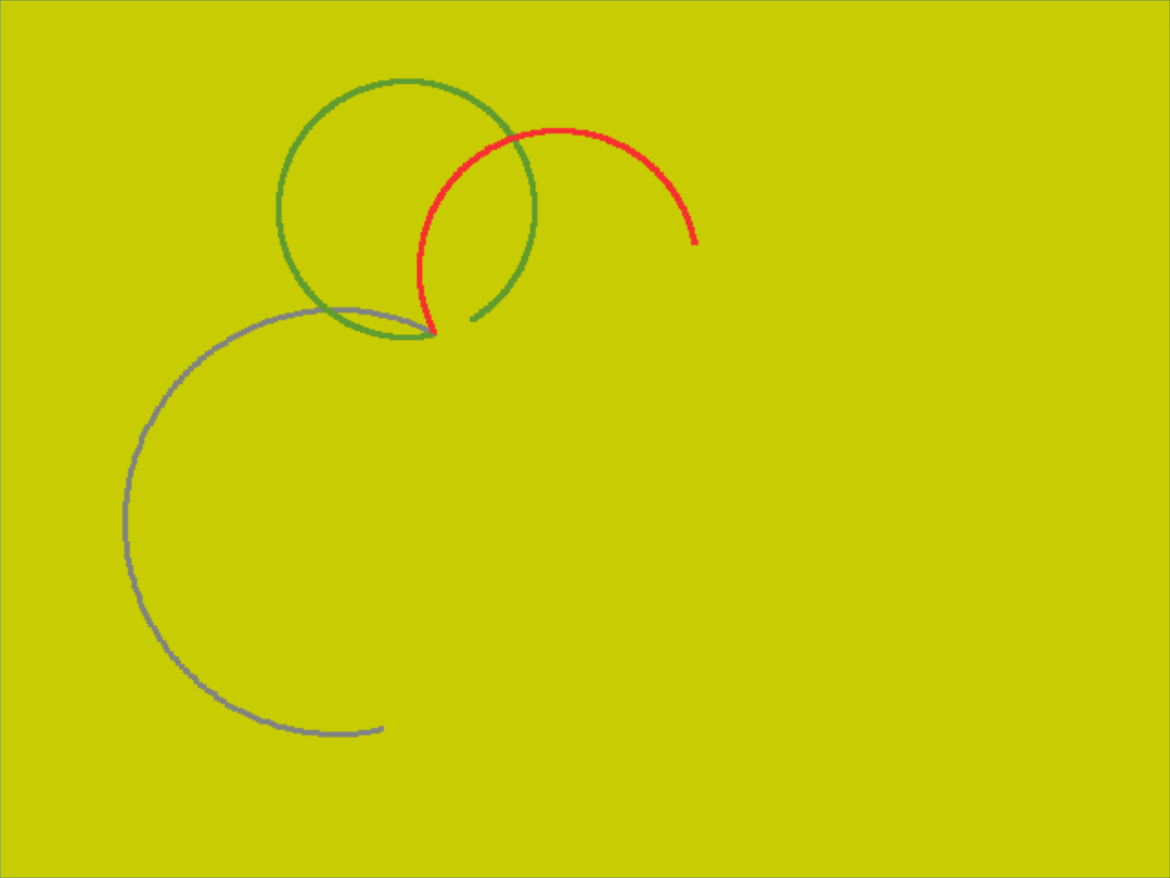 Three colorful curved arcs form partial circles against a bright yellow-green background.