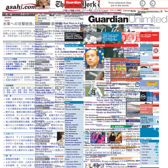 Collage of overlapping international news website pages with Guardian Unlimited header and mixed headlines.
