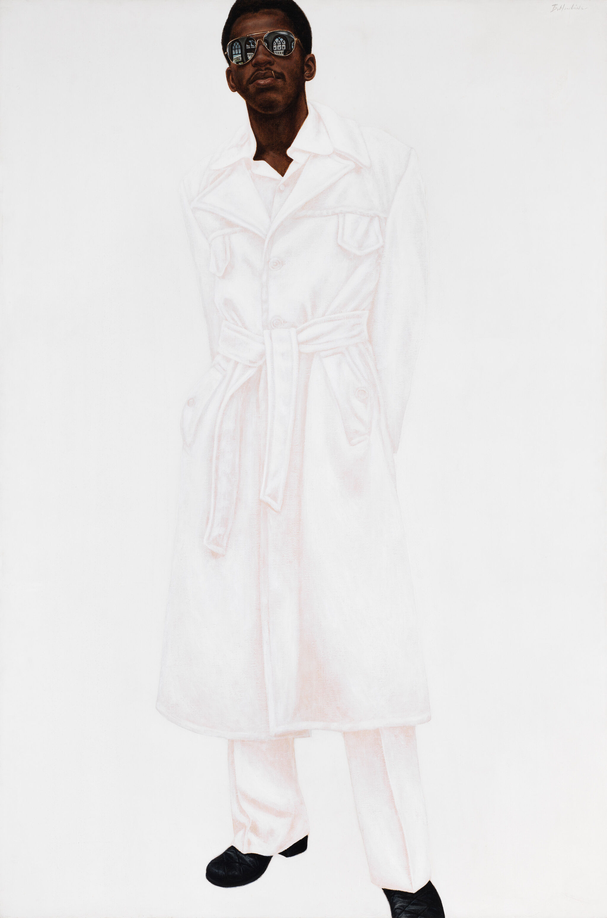 A full-length super-realist portrait of a man with dark skin, black shoes, and an all-white outfit. He leans back with a slight swagger, hands relaxed behind his back, a toothpick hanging from his lips, and an intricate scene reflected in his large wire-rimmed sunglasses.