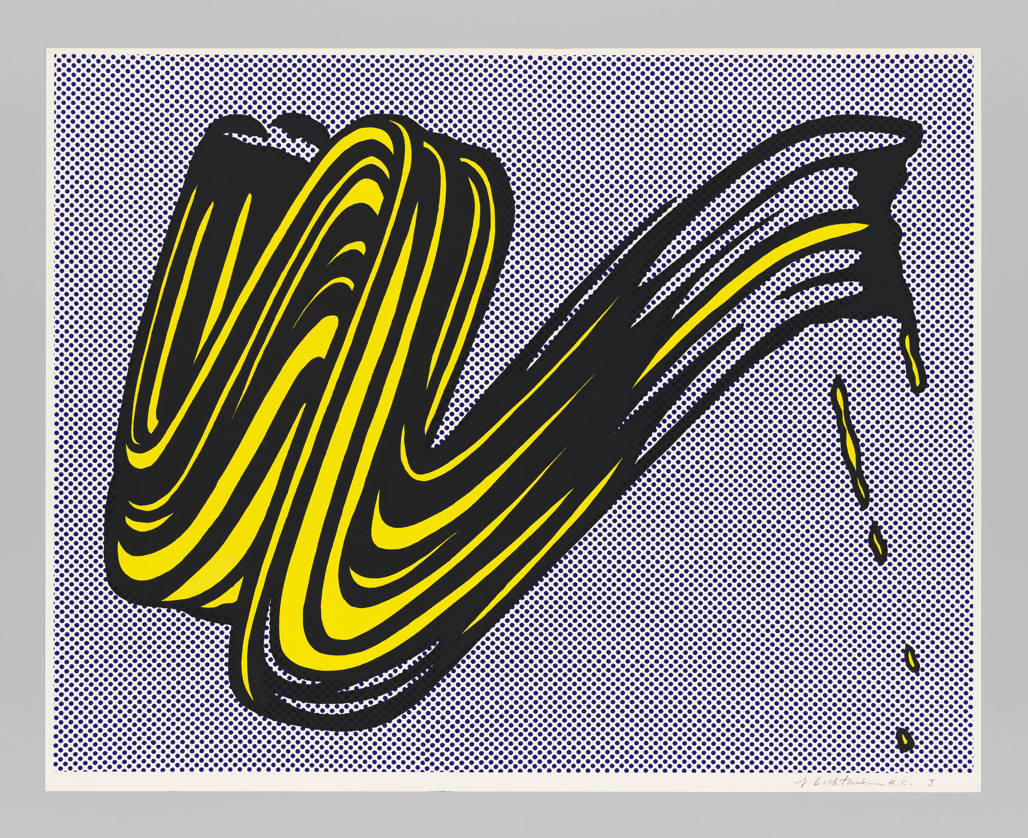 Heavy yellow and black brushstroke on navy blue dotted background