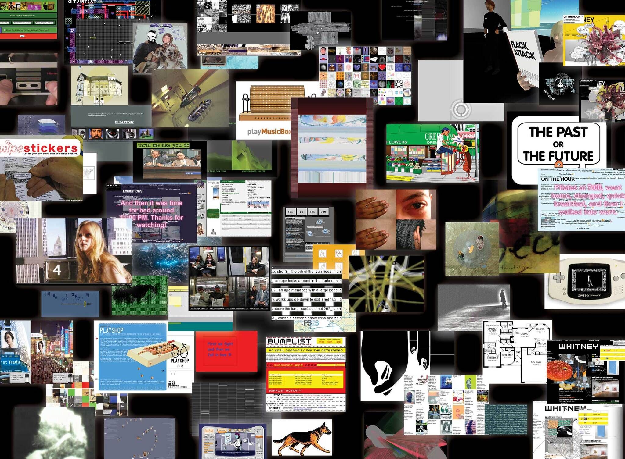 Dense collage of many small images and thumbnails arranged in a dark grid.