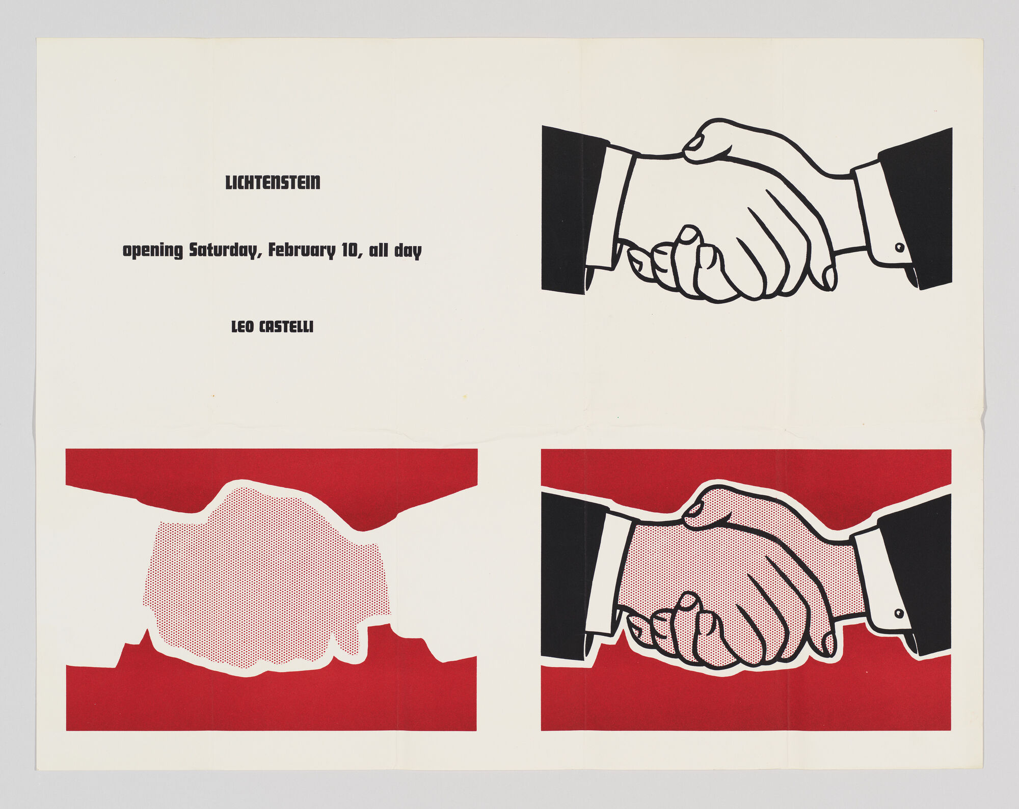 Two hands shaking in bold pop-art style above red graphic panels, with exhibition text.