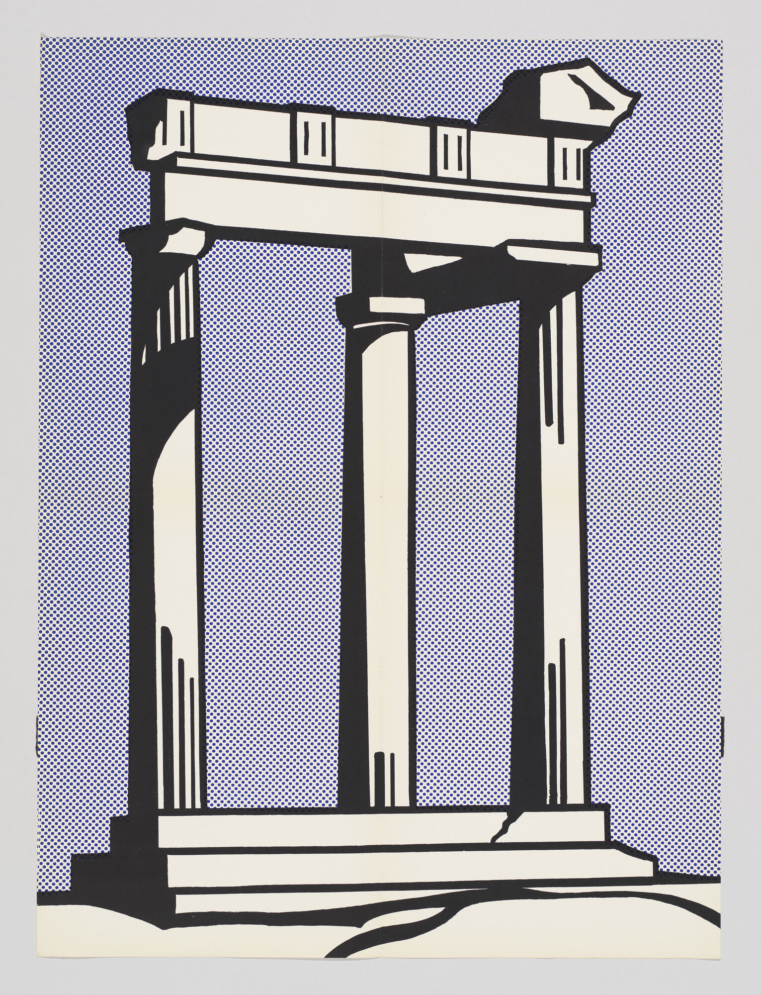 Three tall classical columns support a broken temple entablature against a blue dotted background.