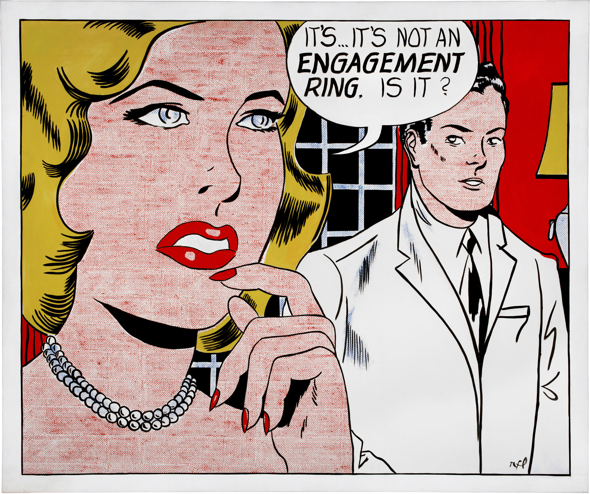 Woman on phone looks worried while man watches and asks if it’s an engagement ring.