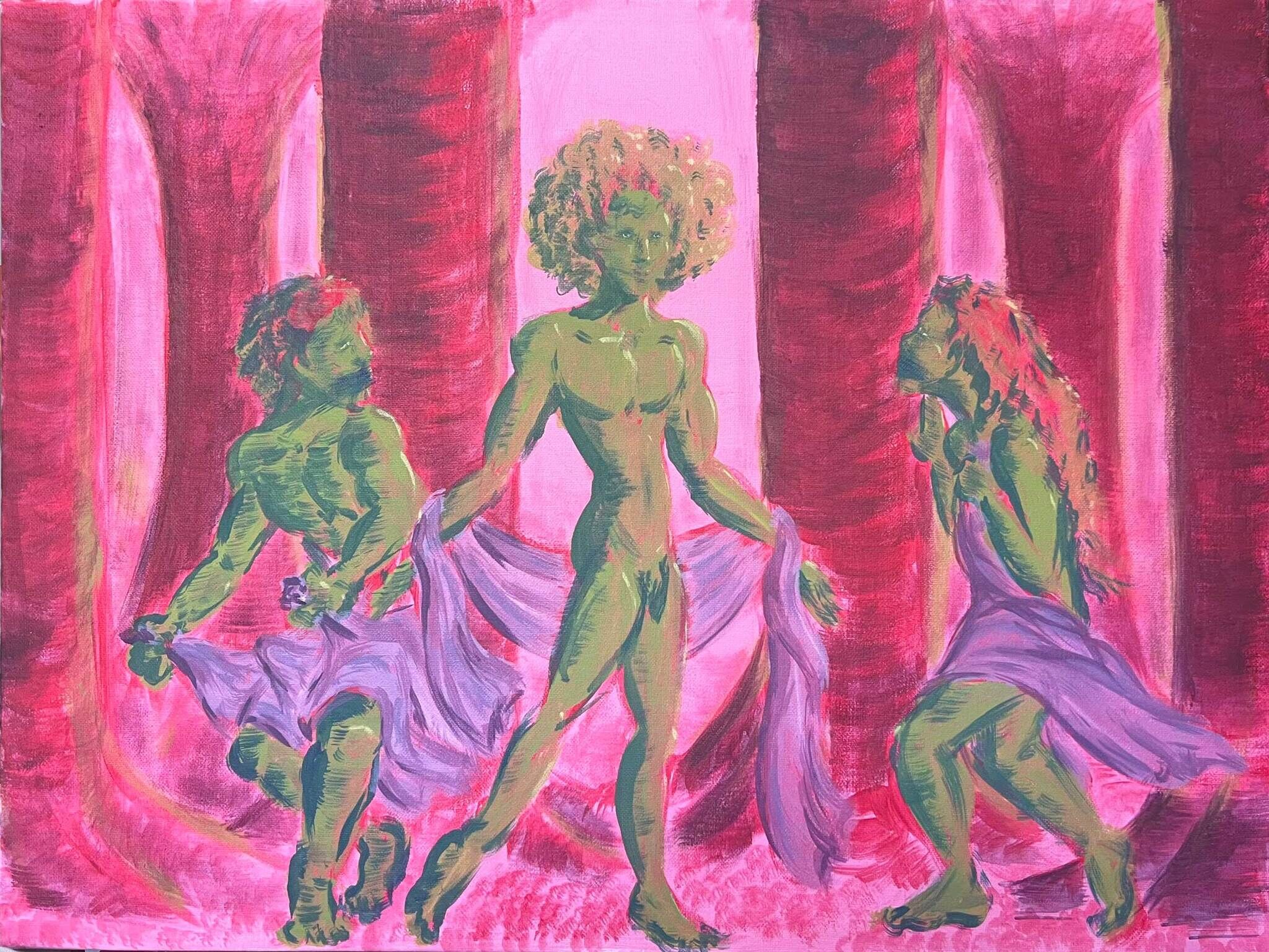 Three green-toned dancers hold flowing purple cloth against dramatic pink and red drapery.