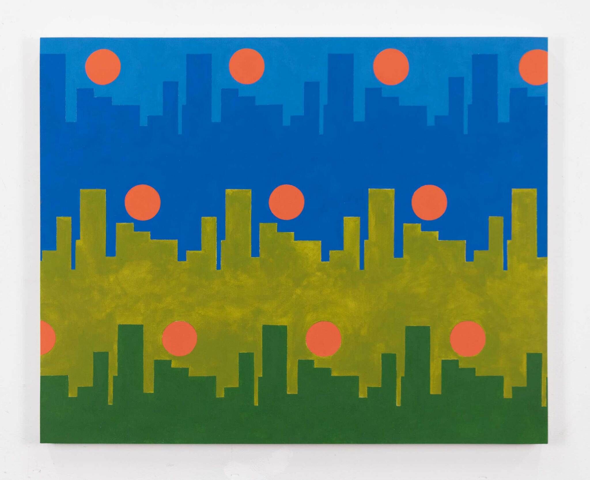 Three stacked geometric city skylines in blue and green with repeating orange sun circles.