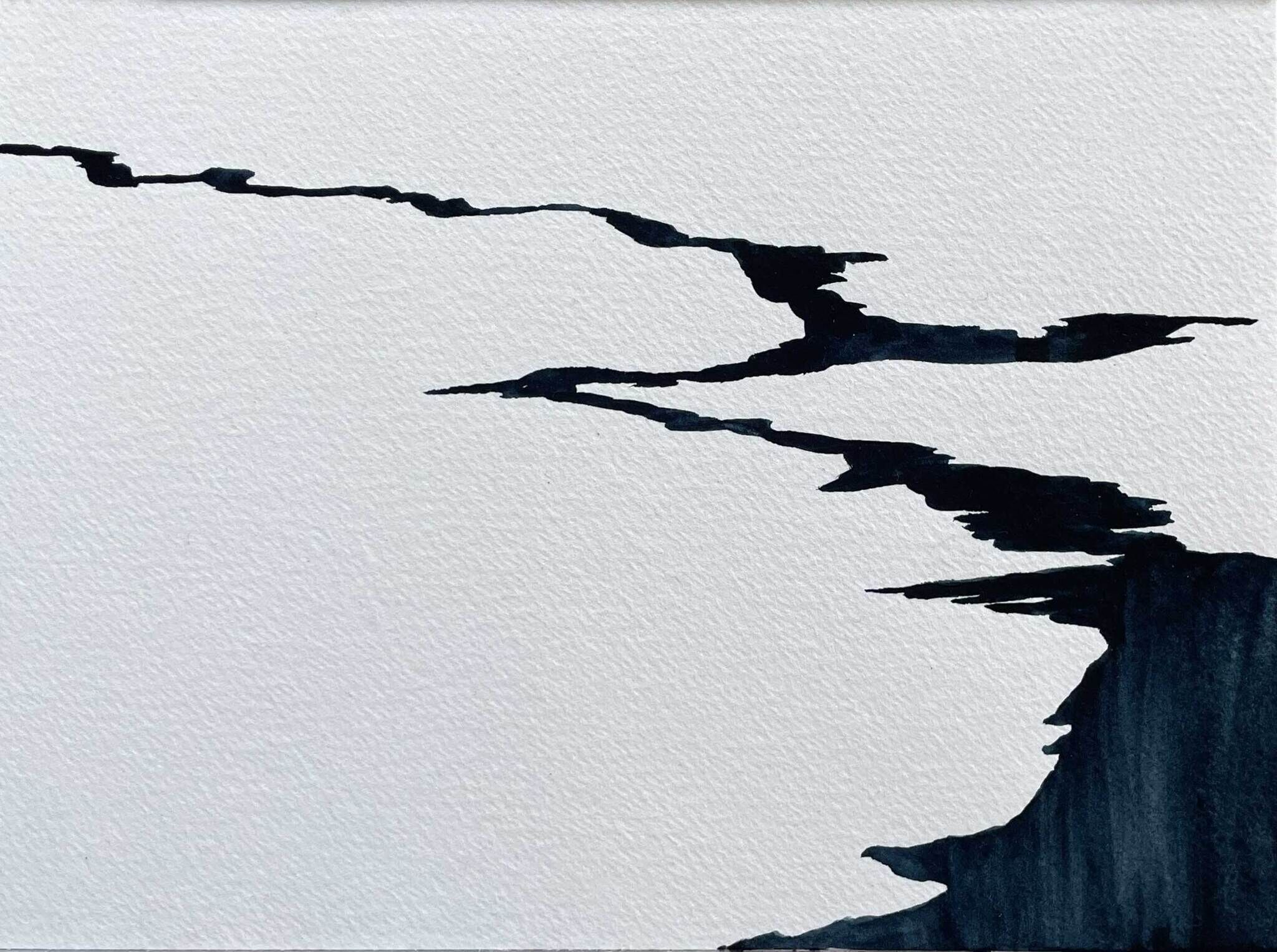 Jagged black ink strokes run horizontally across textured white paper like torn edges.