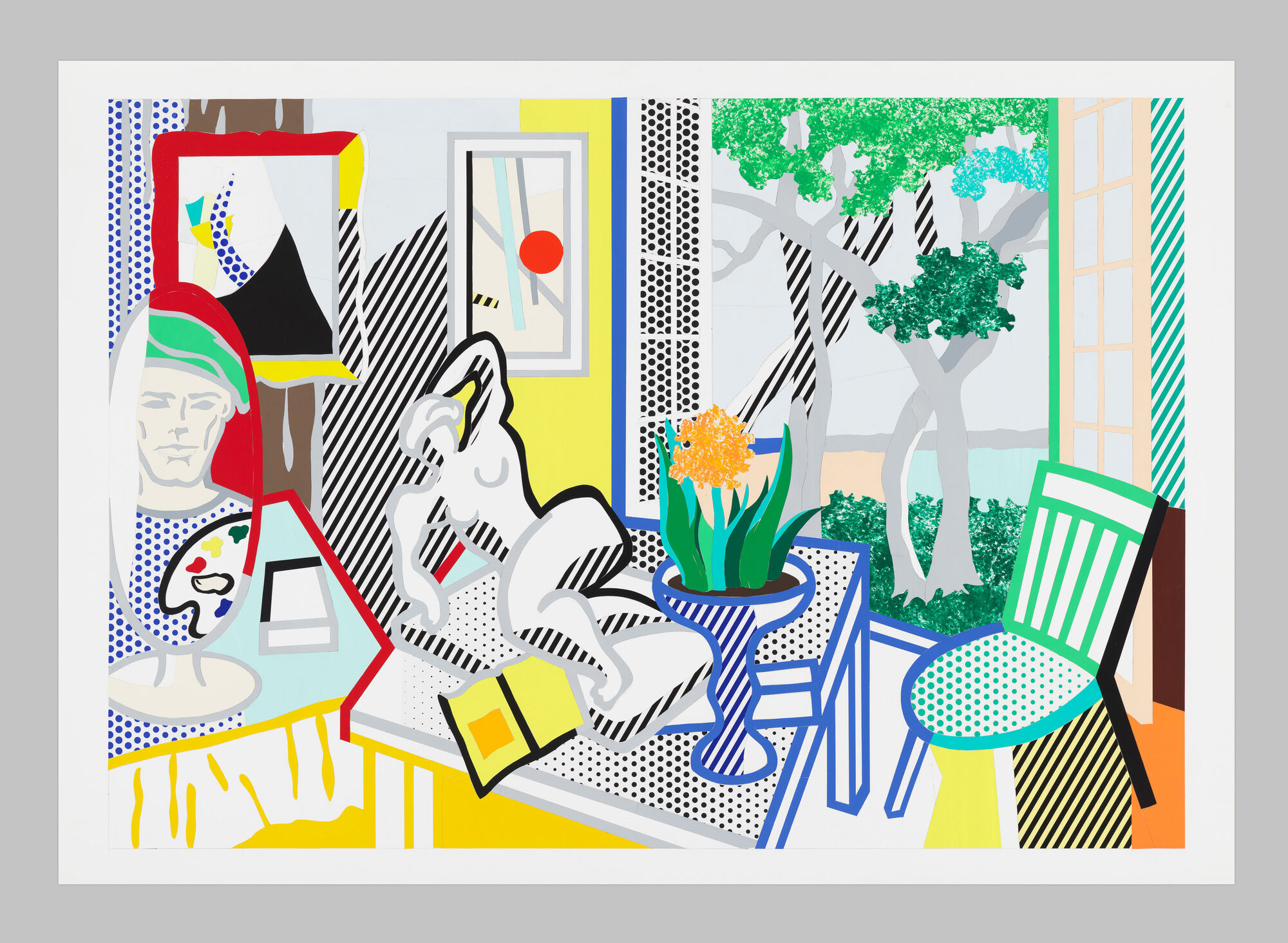 A colorful pop-art interior shows a table with a blue striped vase, potted plant, and reclining white sculpture.