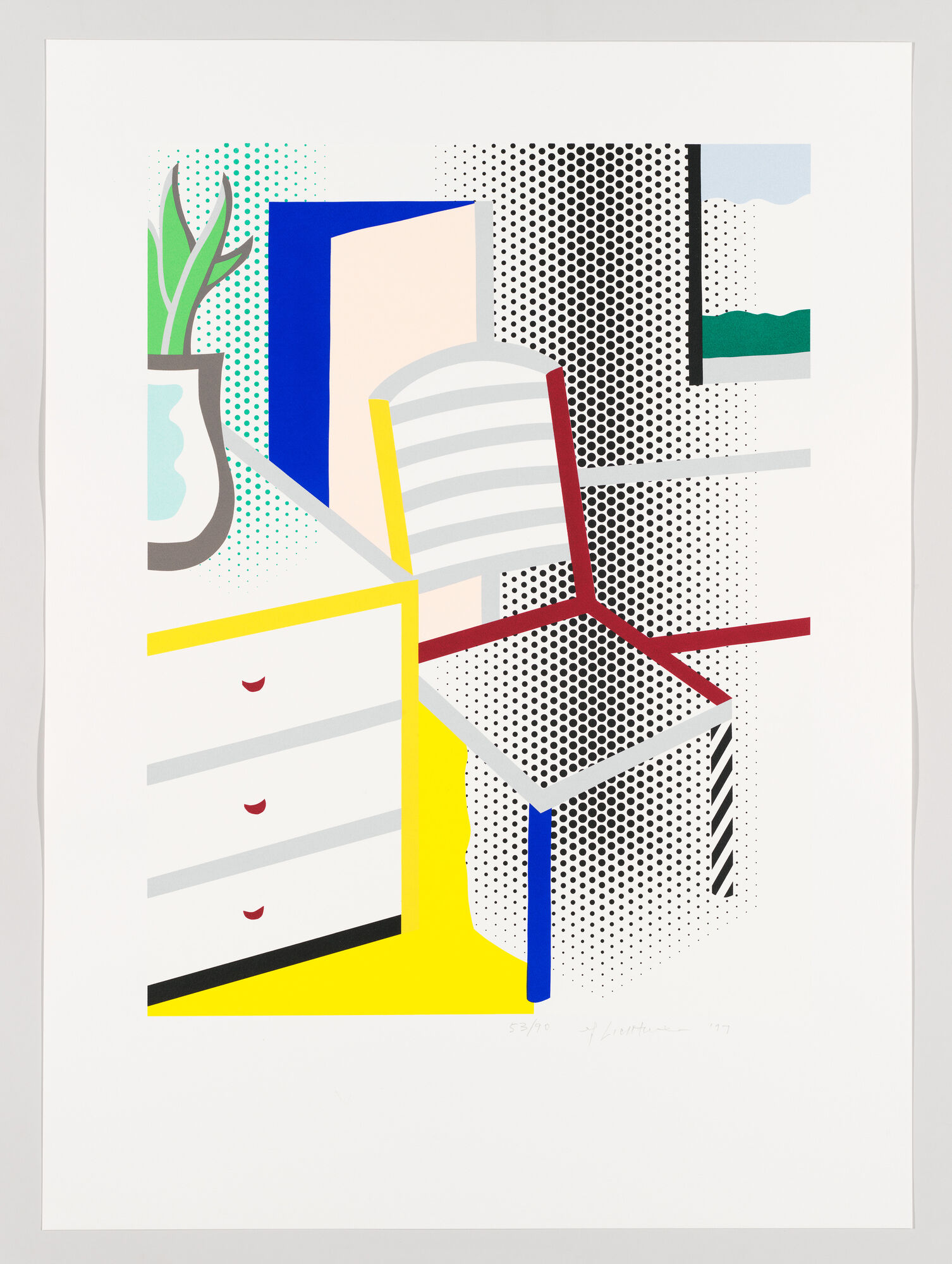 A colorful pop-art scene showing a striped chair, table, potted plant, and halftone patterns.