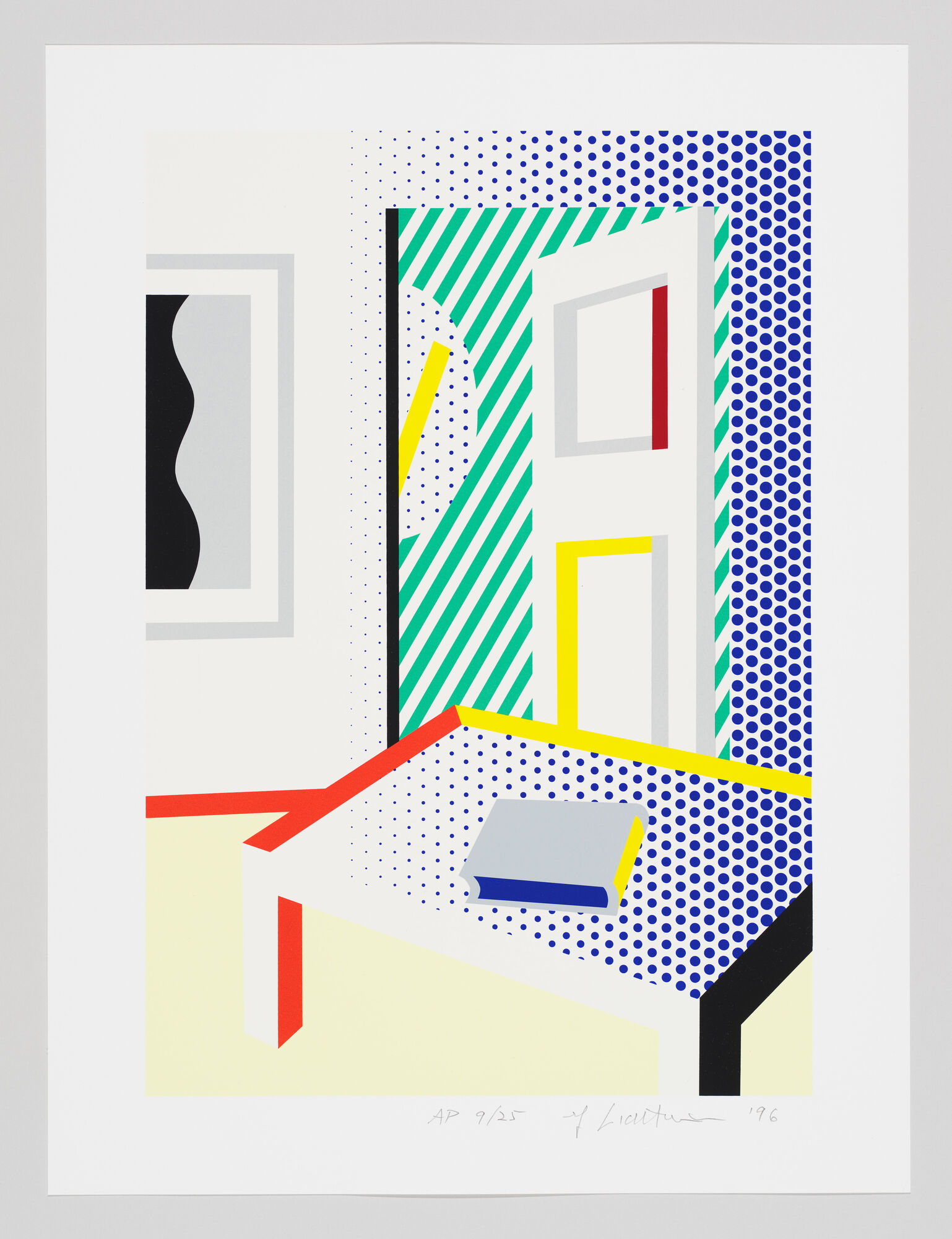 Bright geometric room with dotted patterns, a table, and a closed book on the tabletop.