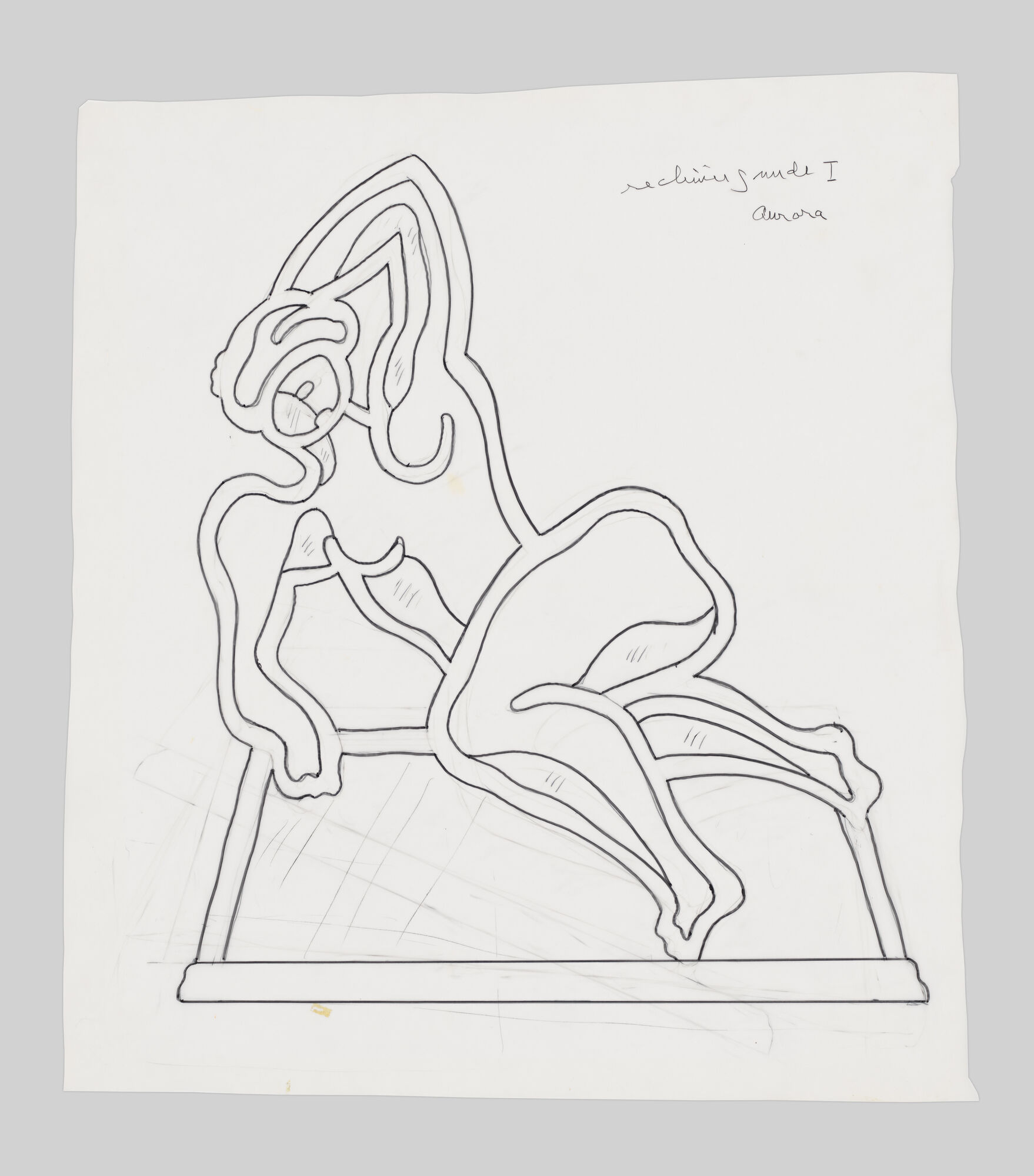Black line drawing of an abstract reclining figure with flowing contours on white paper.