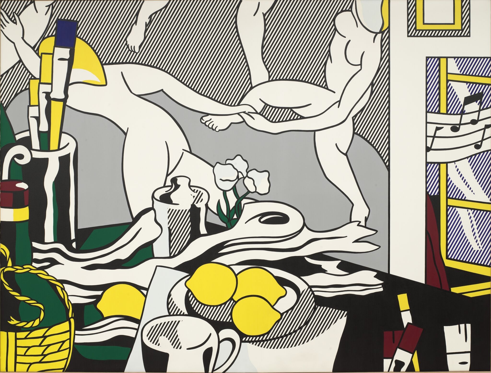 Illustration of an artist's studio, with dancing figures in the background and setuips for still life painting in the foreground.