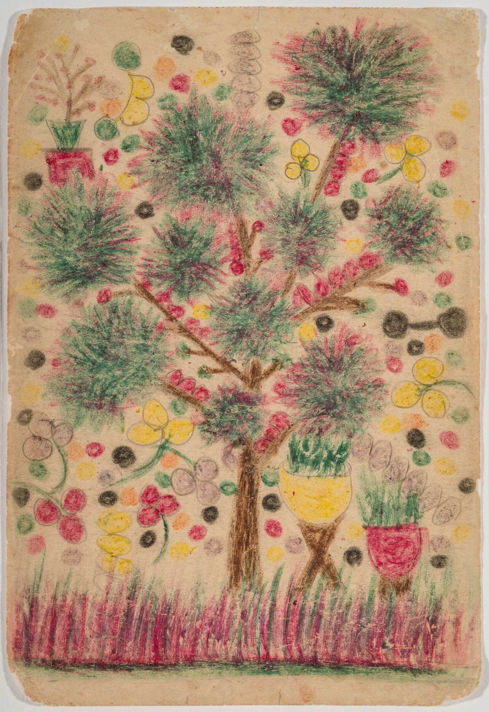 A crayon drawing of a leafy tree surrounded by potted plants and colorful dot flowers.