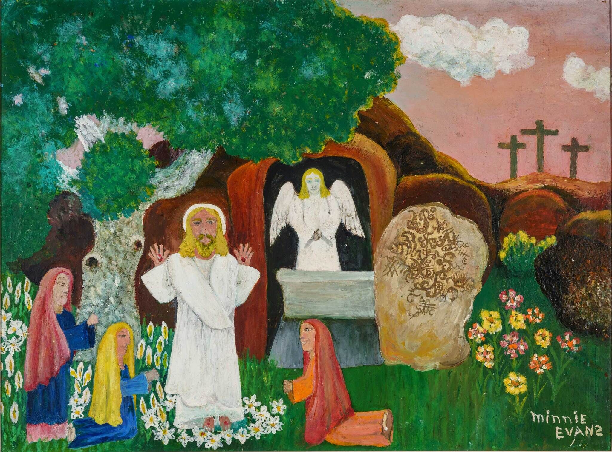 A robed figure raises hands before an angel at an open tomb while women kneel nearby.