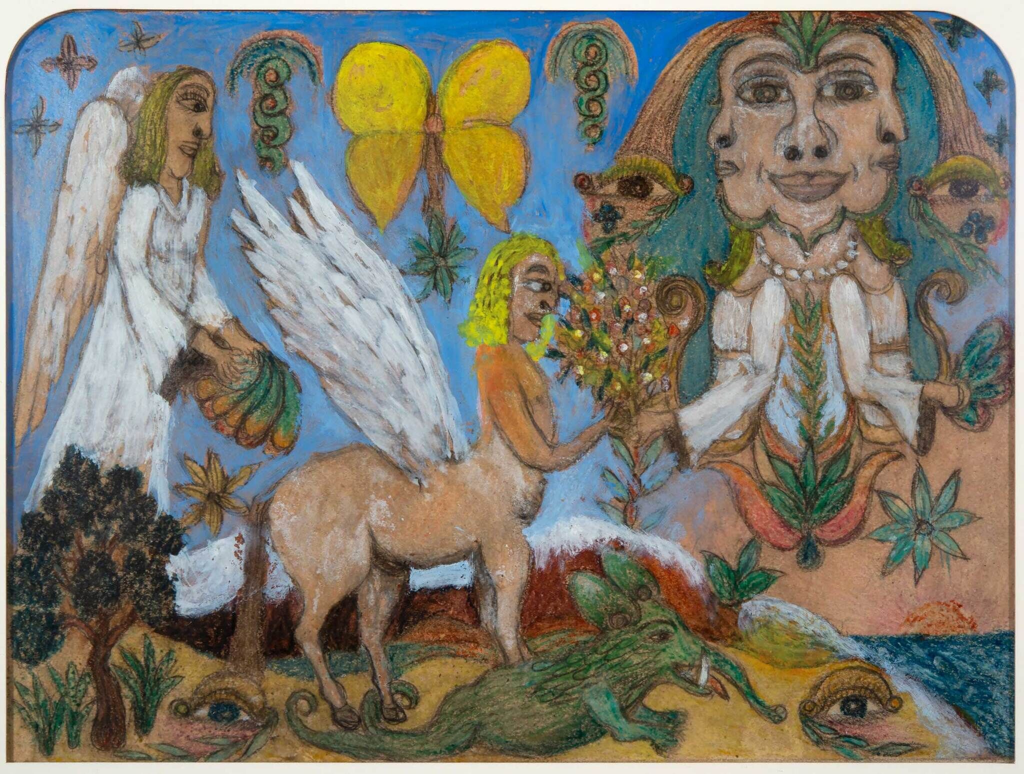 Winged angel and centaur present a bouquet to a smiling multi-faced figure under a blue sky.
