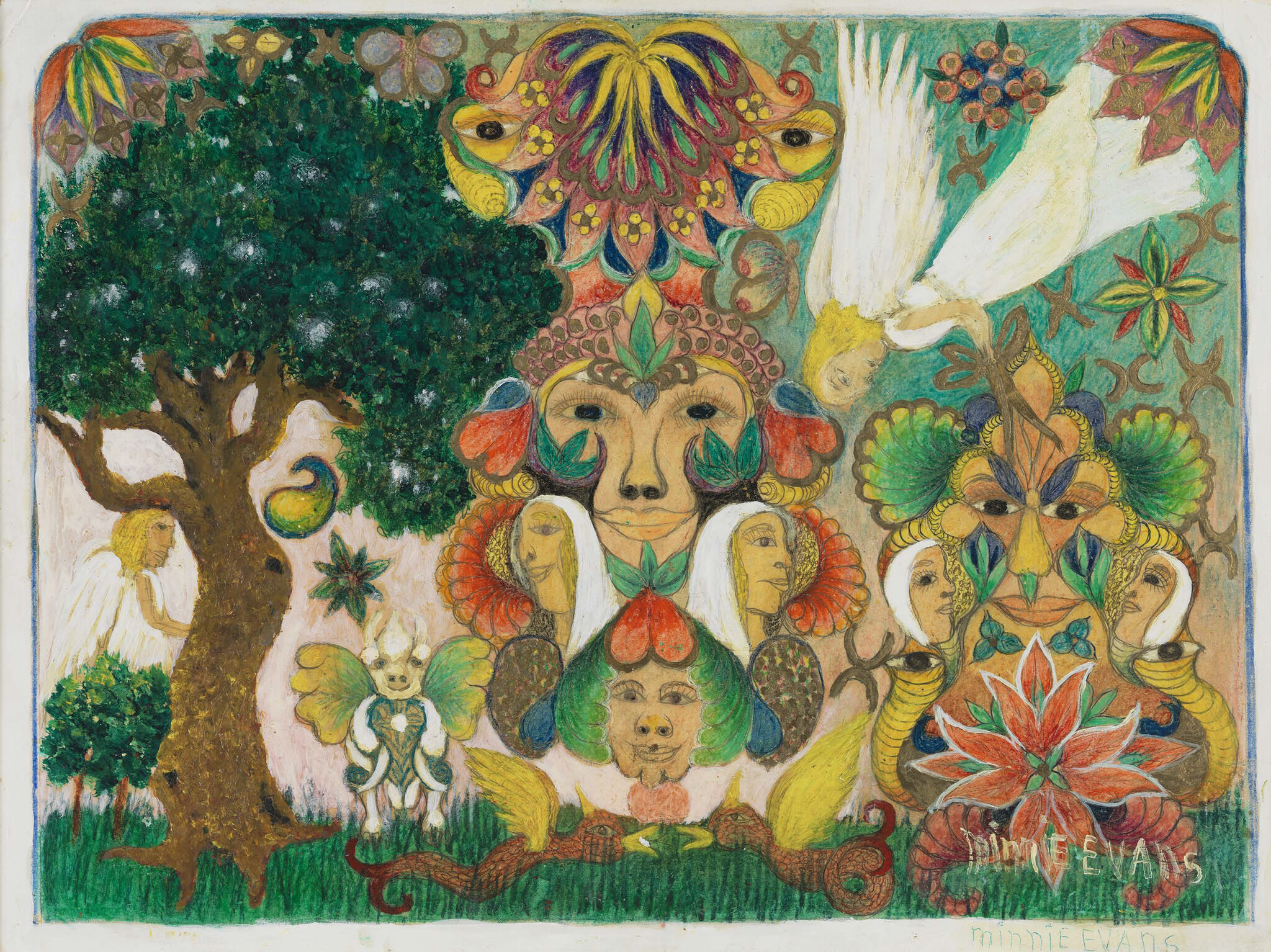 A colorful folk-style composition of many merged faces, floral motifs, winged figures, and trees.