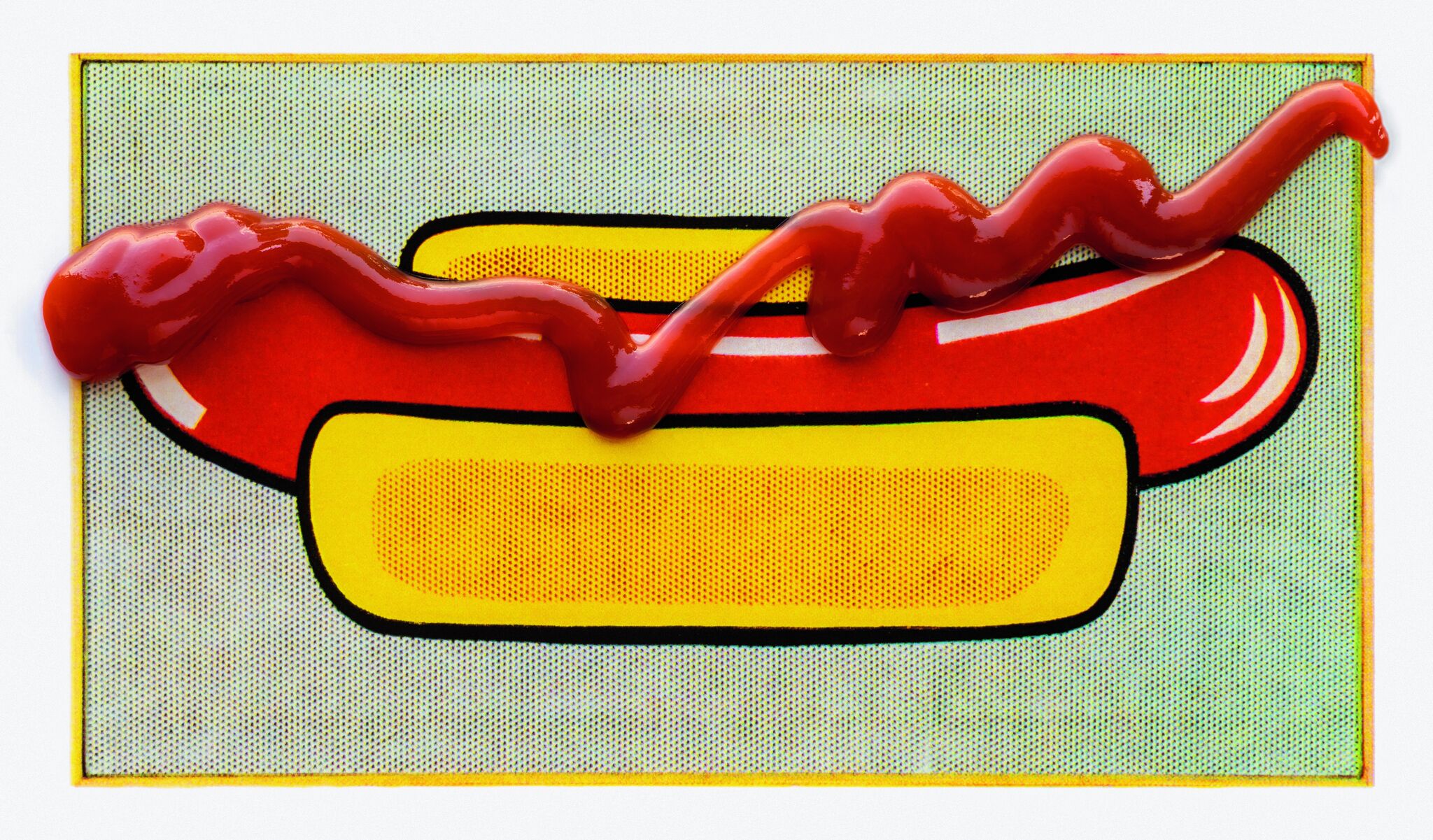 A bright pop-art hot dog with a thick wavy line of ketchup across the sausage.