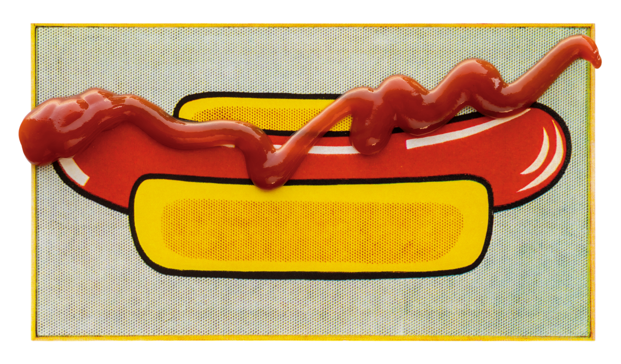 A bright Pop art hot dog with a thick wavy line of ketchup across the sausage.