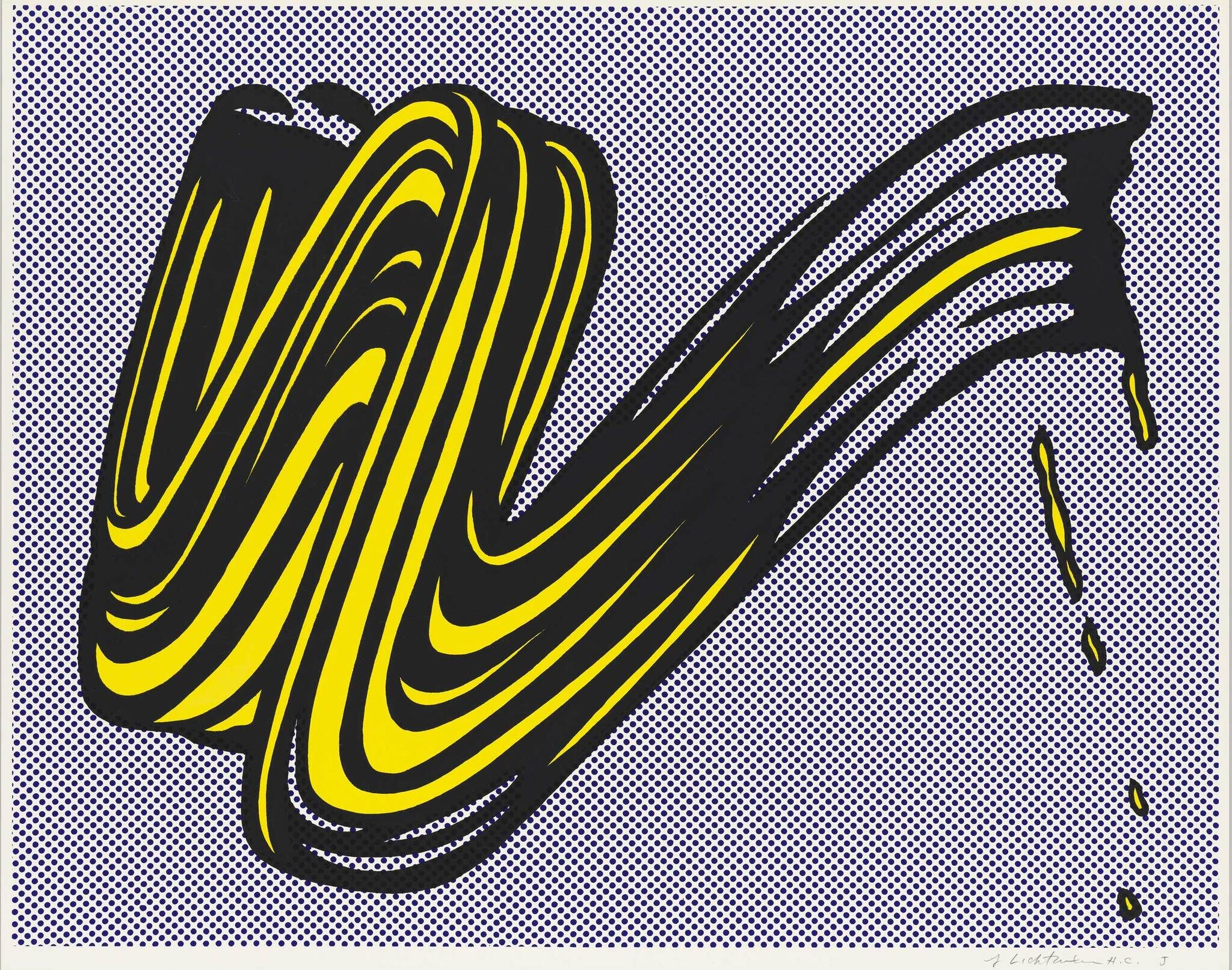 Bold yellow and black sweeping brushstroke with drips over a blue dotted halftone background.