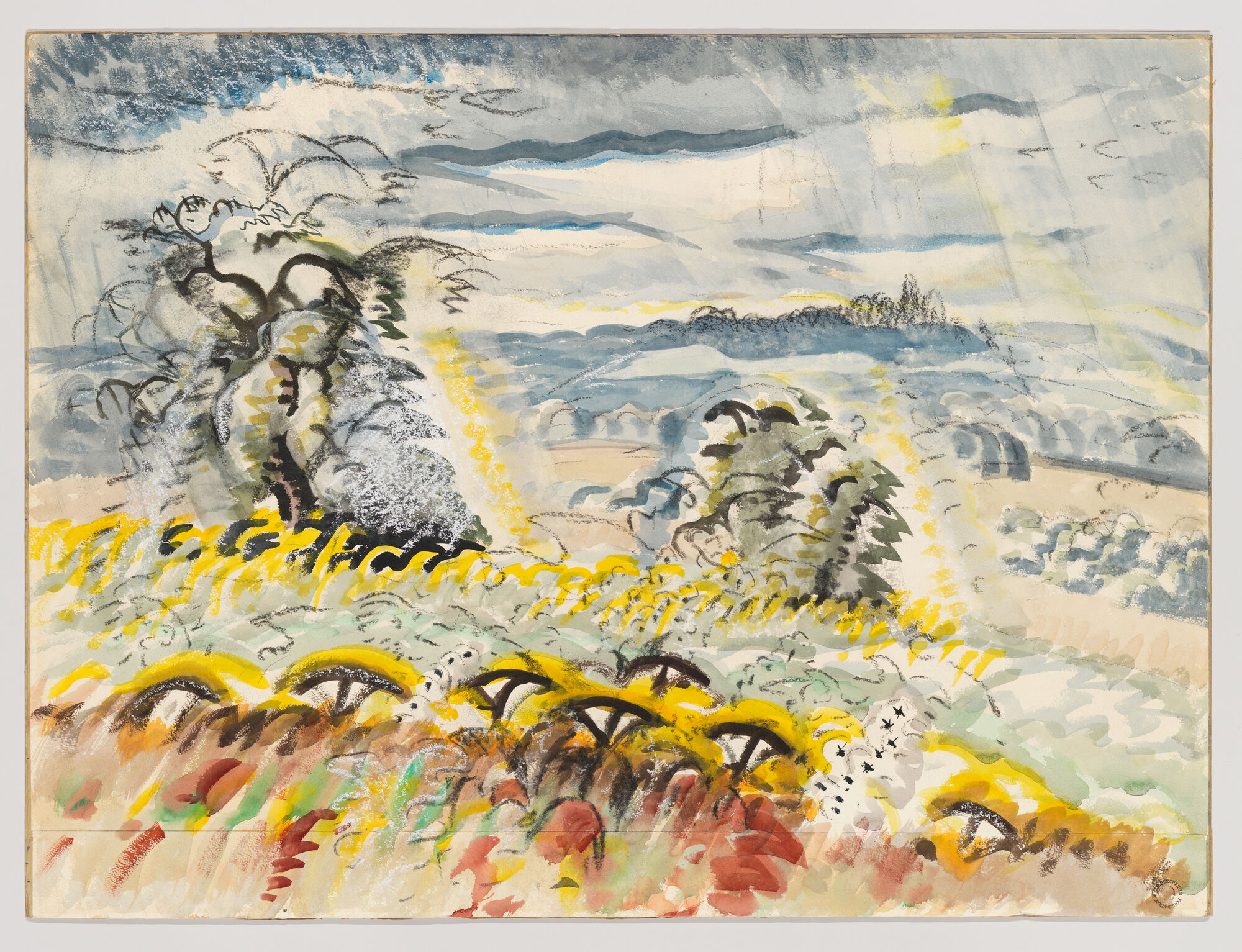 Colorful watercolor landscape showing rolling hills, scattered trees, and a cloudy sky with sunlight.