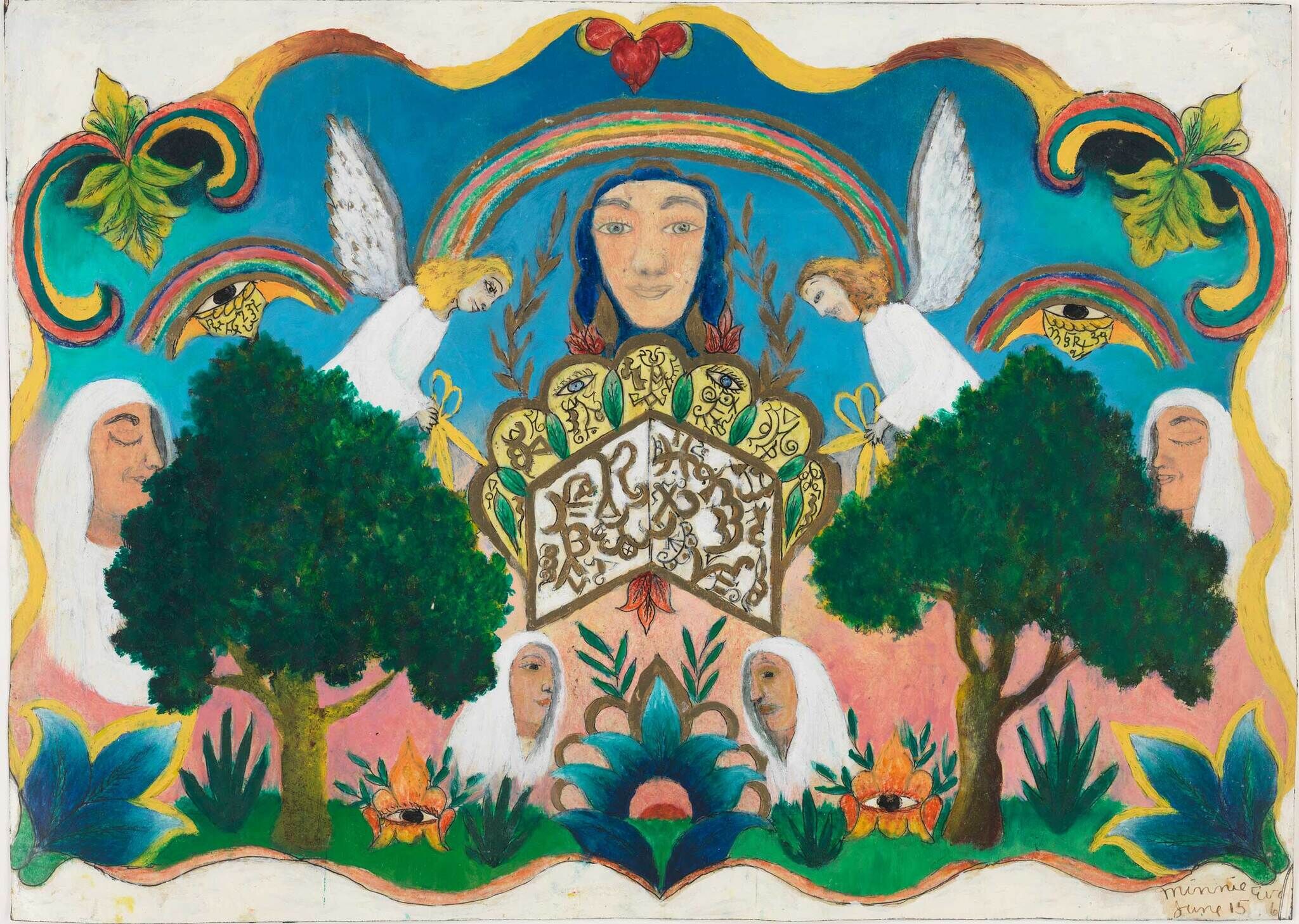A central serene face and angels hover above nuns and lush trees in a colorful folk painting.