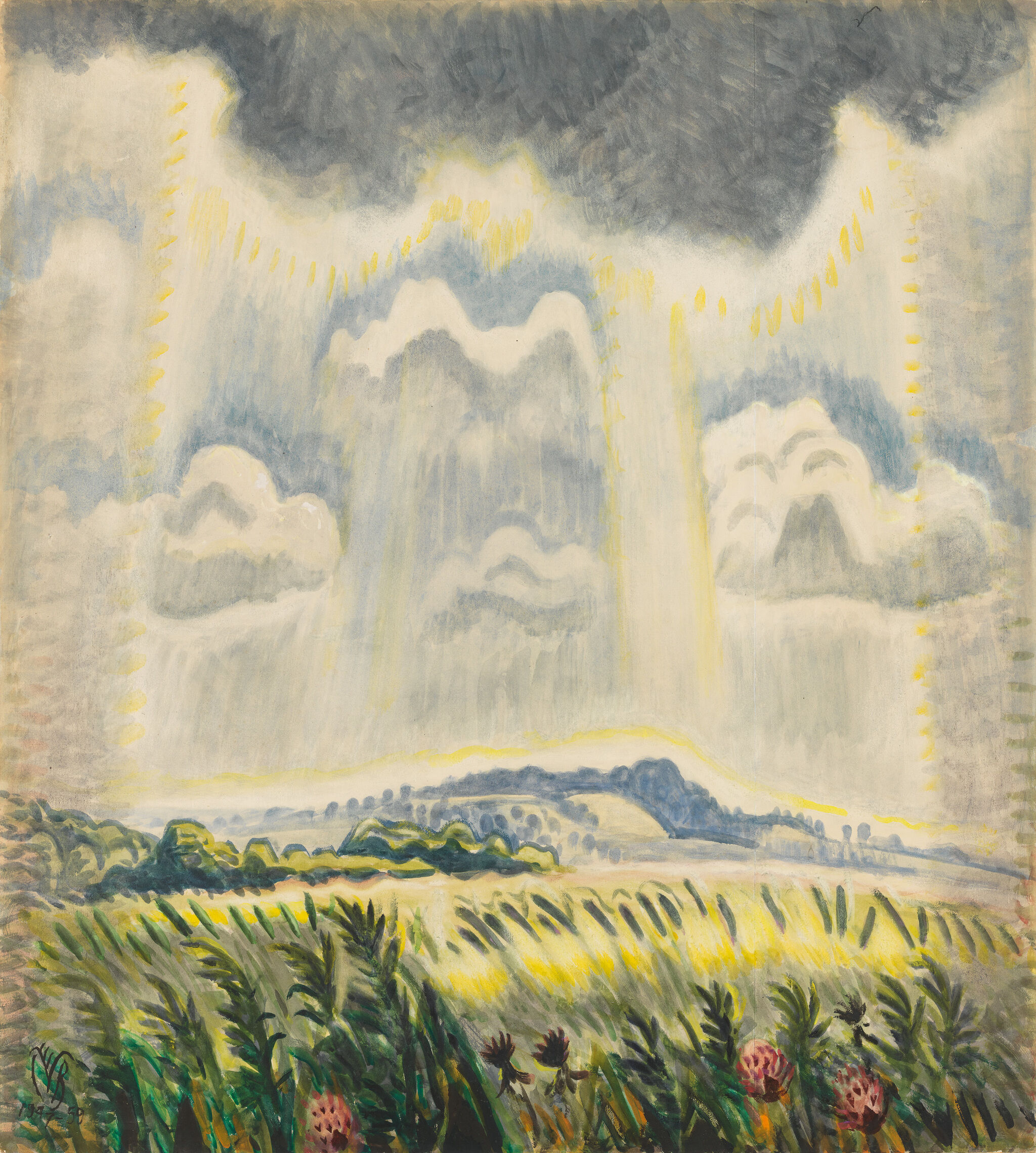 Dark storm clouds release bright vertical sunbeams over rolling hills and swaying grassy fields.