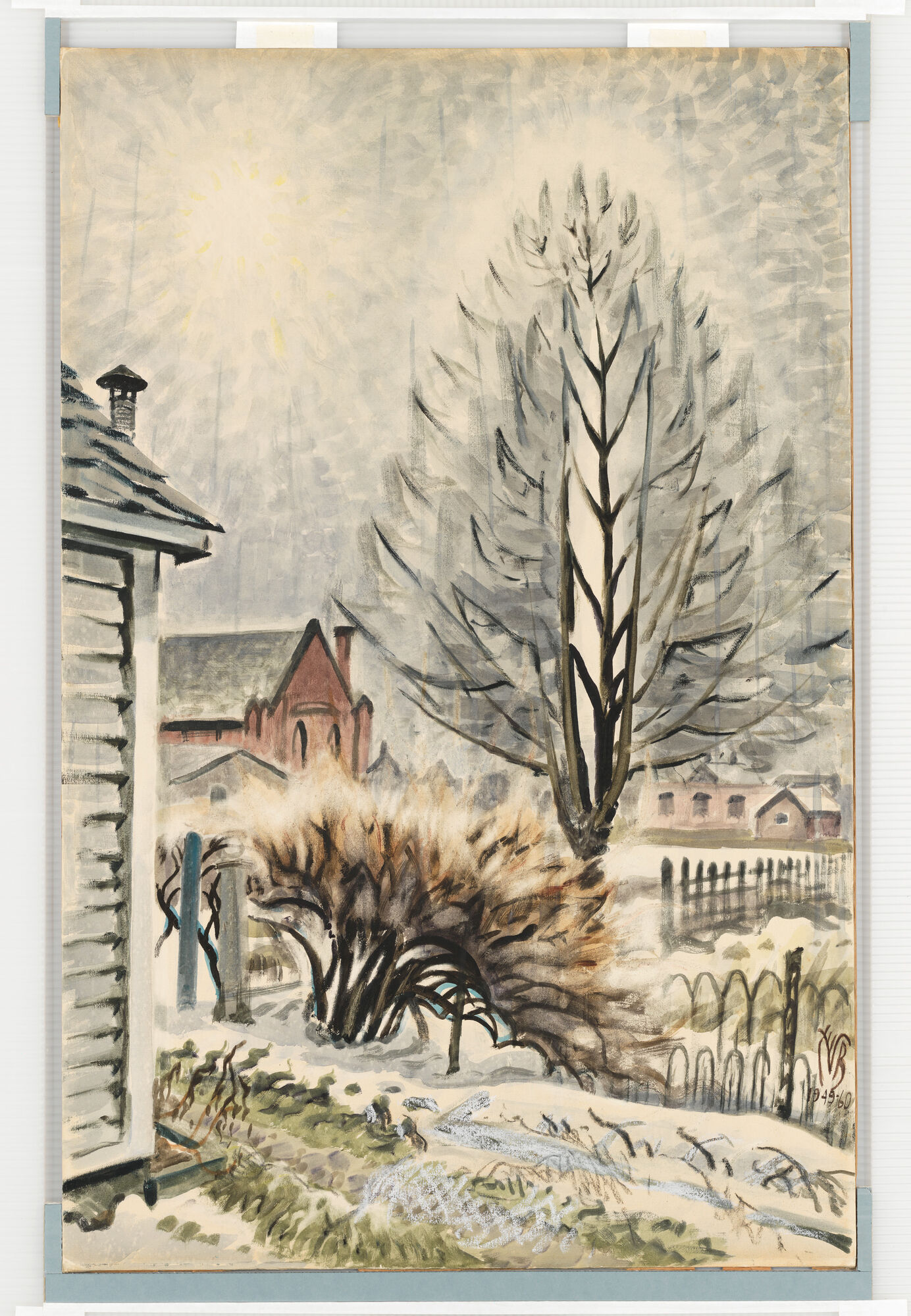 A snowy backyard scene with a tall bare tree, shrubby bushes, and distant red church.