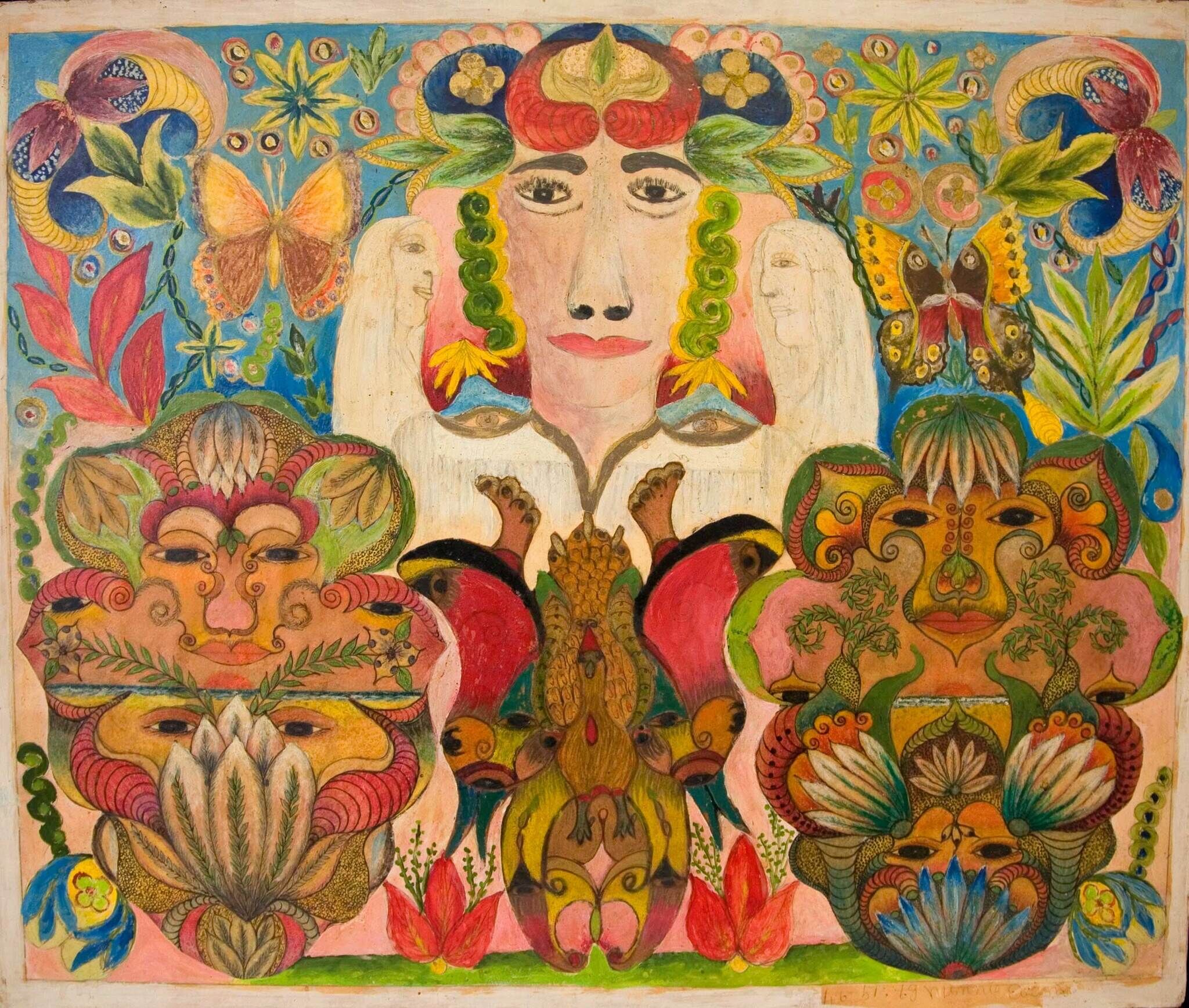 A colorful folk-art panel showing stacked stylized faces formed from flowers, leaves, and butterflies.