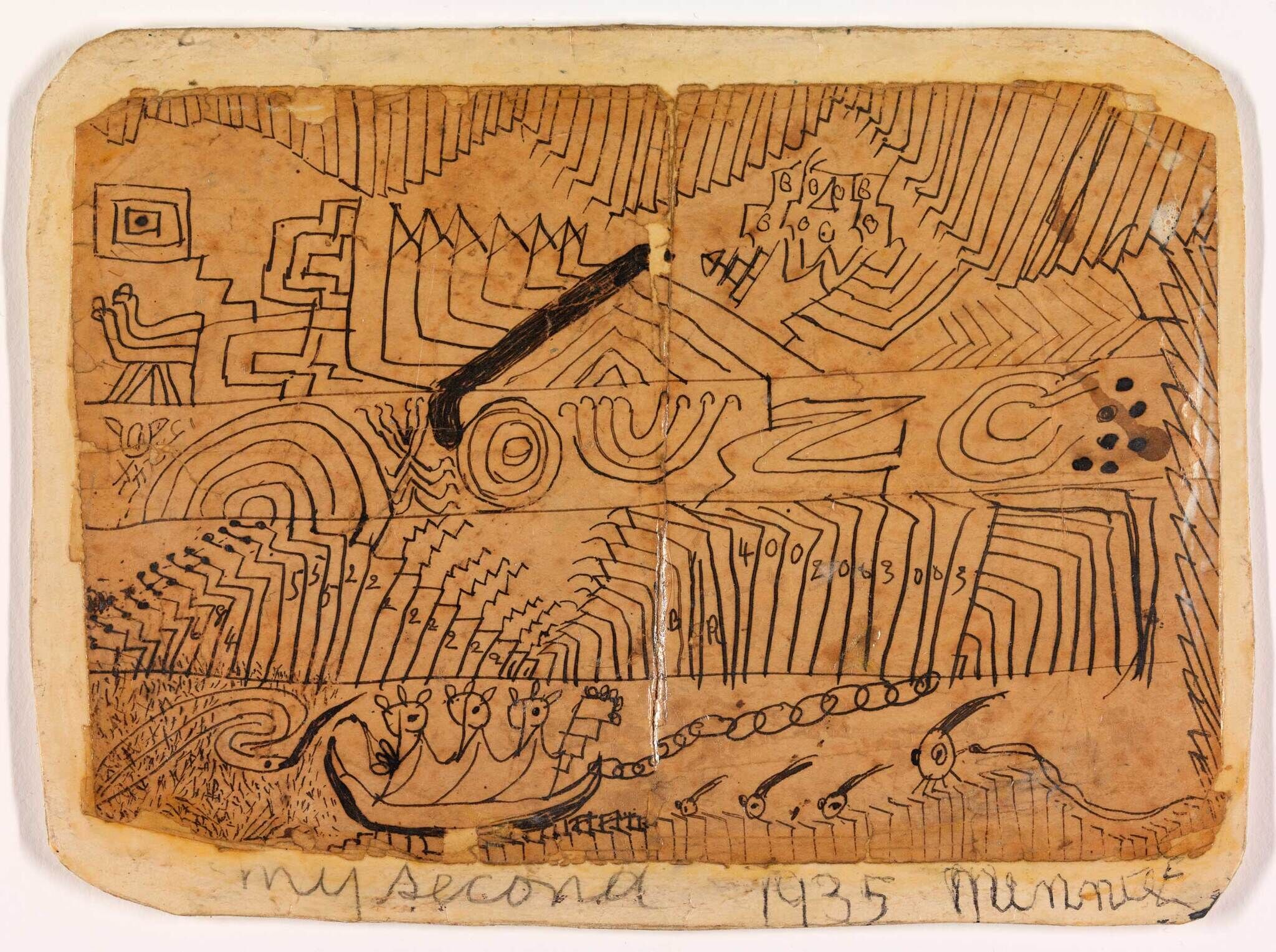 Aged paper filled with black pen geometric patterns, a small boat of stick figures, and chained creature.