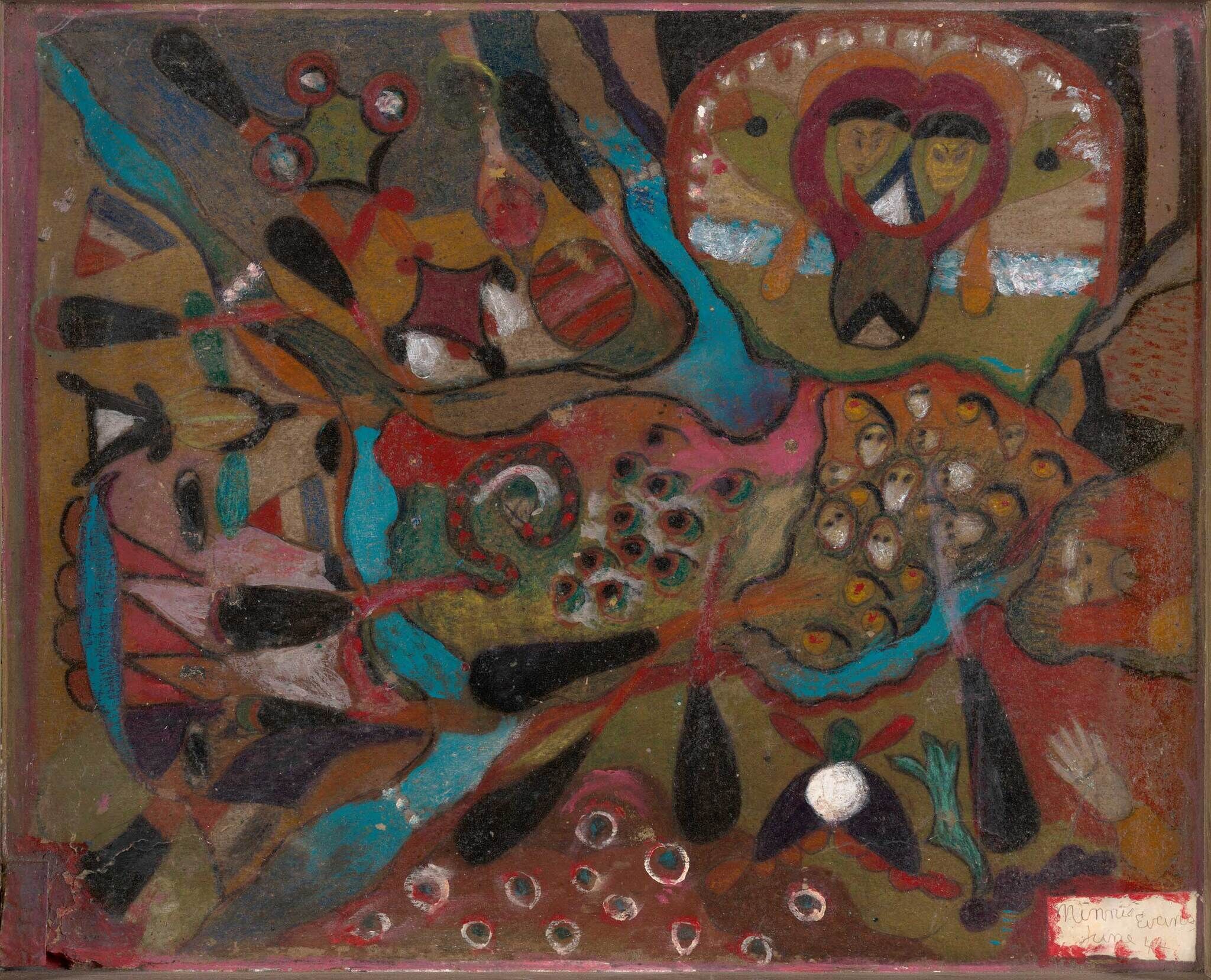 Bright abstract painting with swirling shapes, many eye-like circles, and two faces inside a heart.