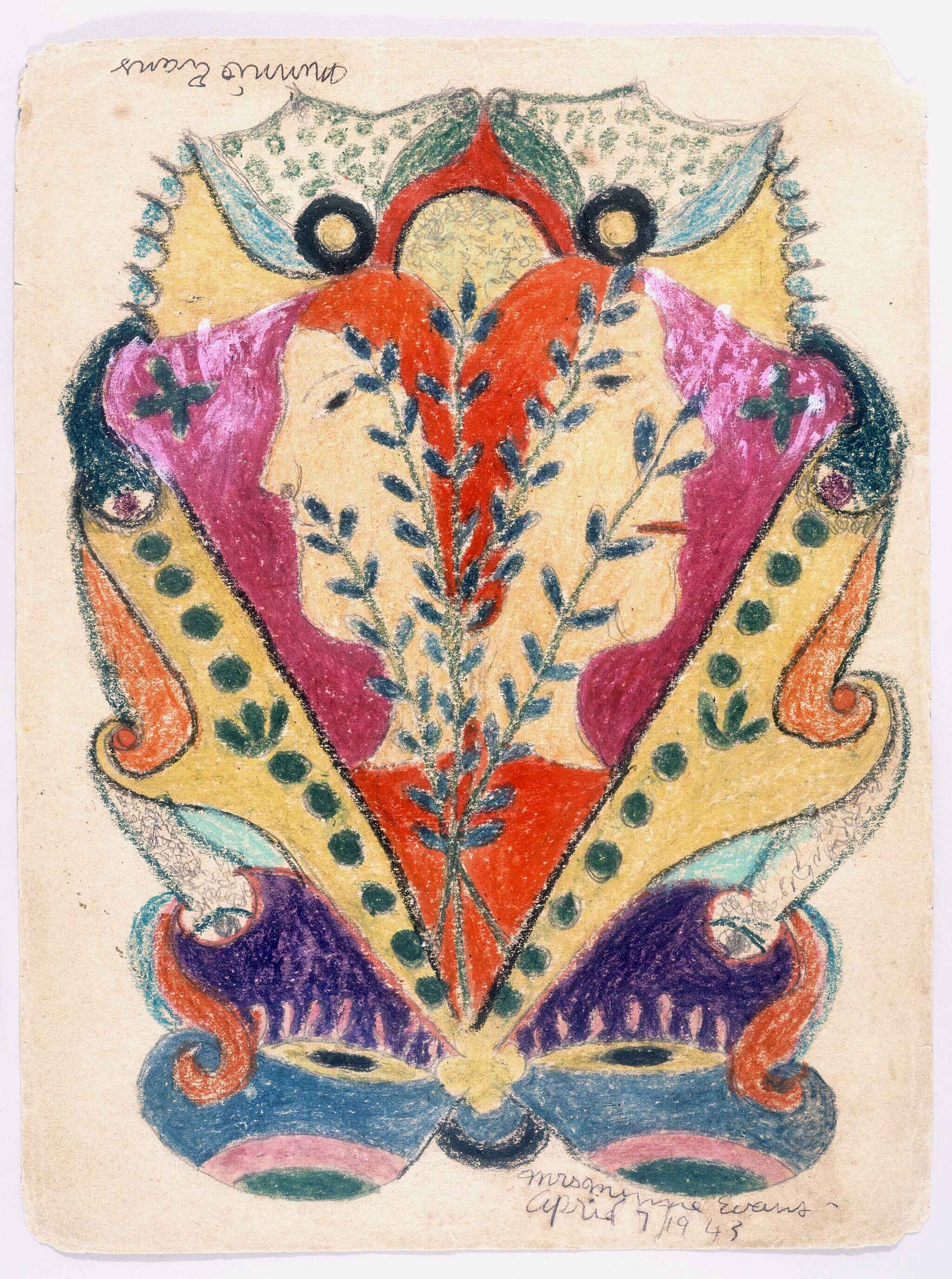 A colorful symmetrical folk-art pattern in crayon showing stylized leaves, swirls, and dots.