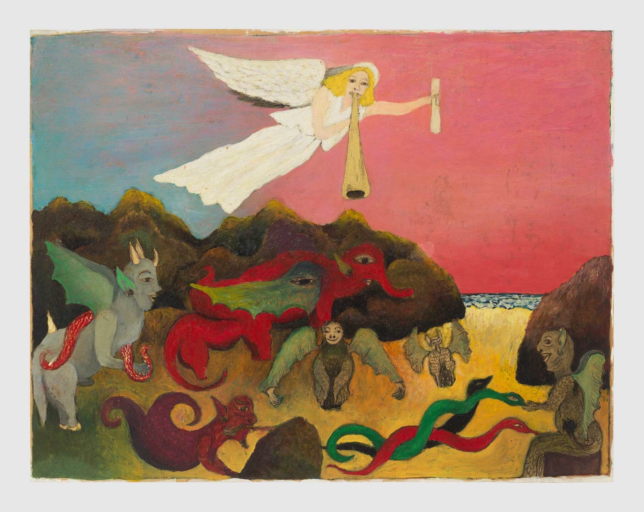 A winged angel flies and blows a long horn over bizarre colorful beasts on a hillside.