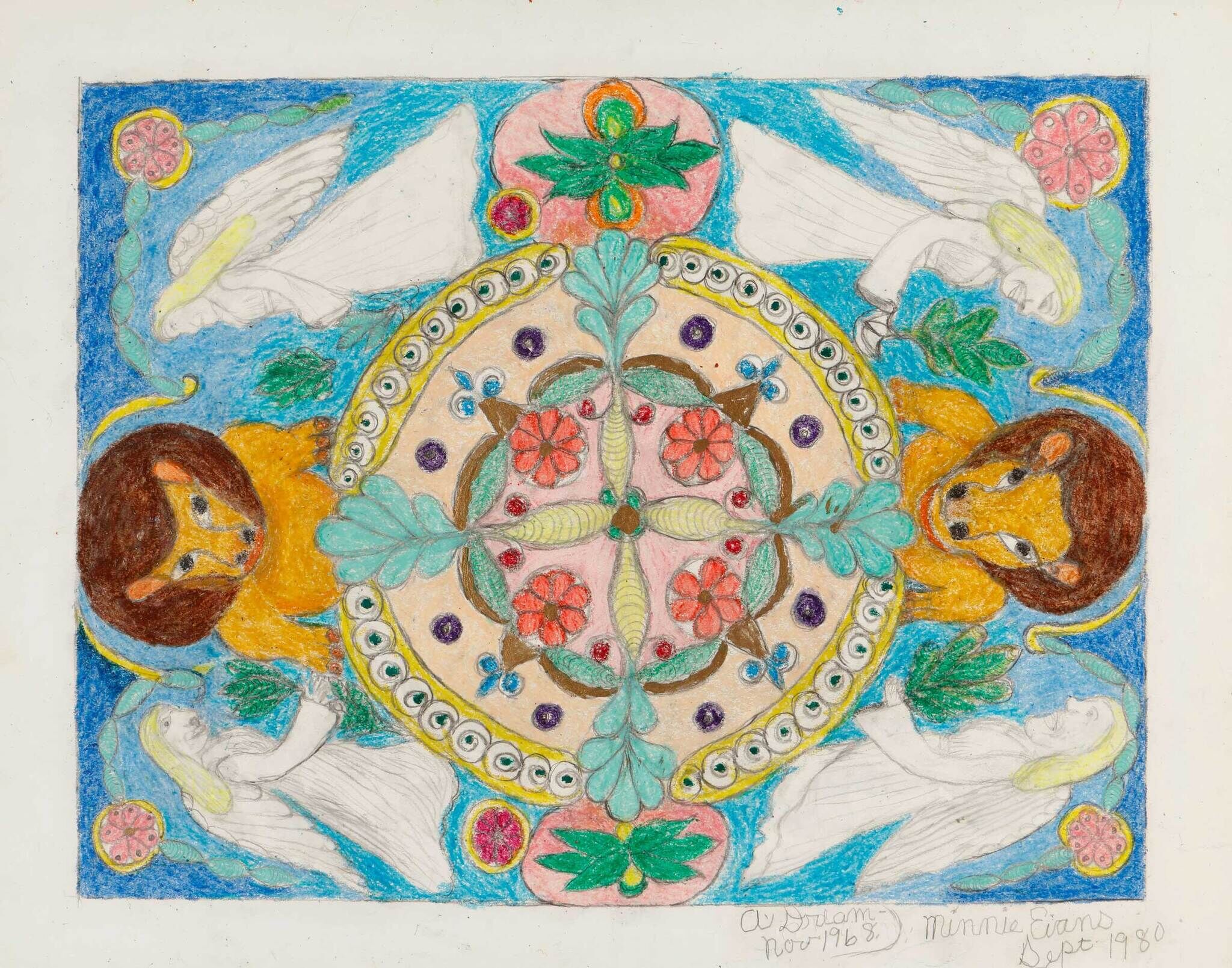 Decorative mandala with two lions, four white angels, and colorful floral patterns.