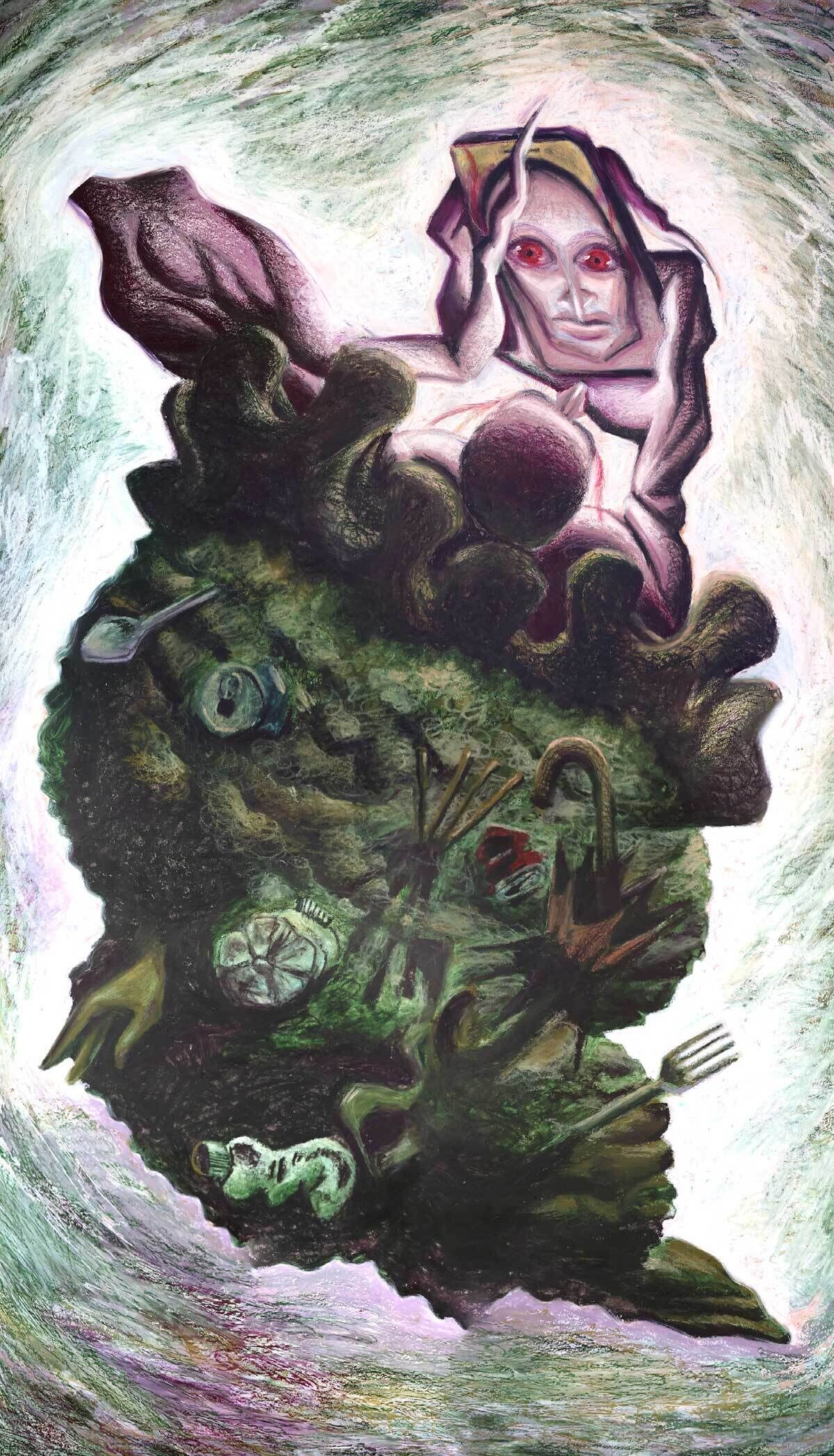 A pale humanoid with red eyes rises from a tangled mound of waste and objects.
