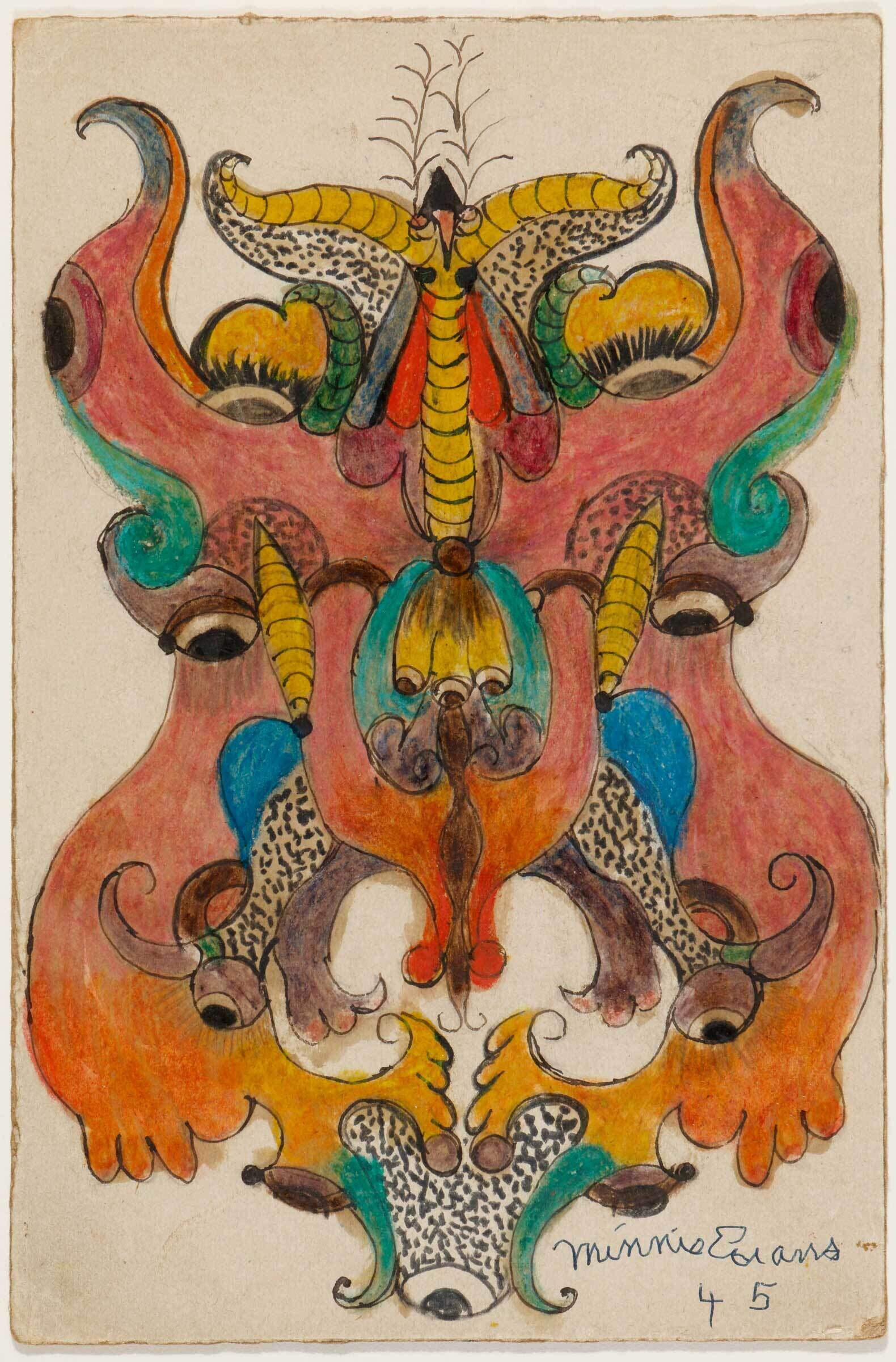 Symmetrical colorful abstract creature with hornlike shapes, eyes, and swirling ornamental patterns.