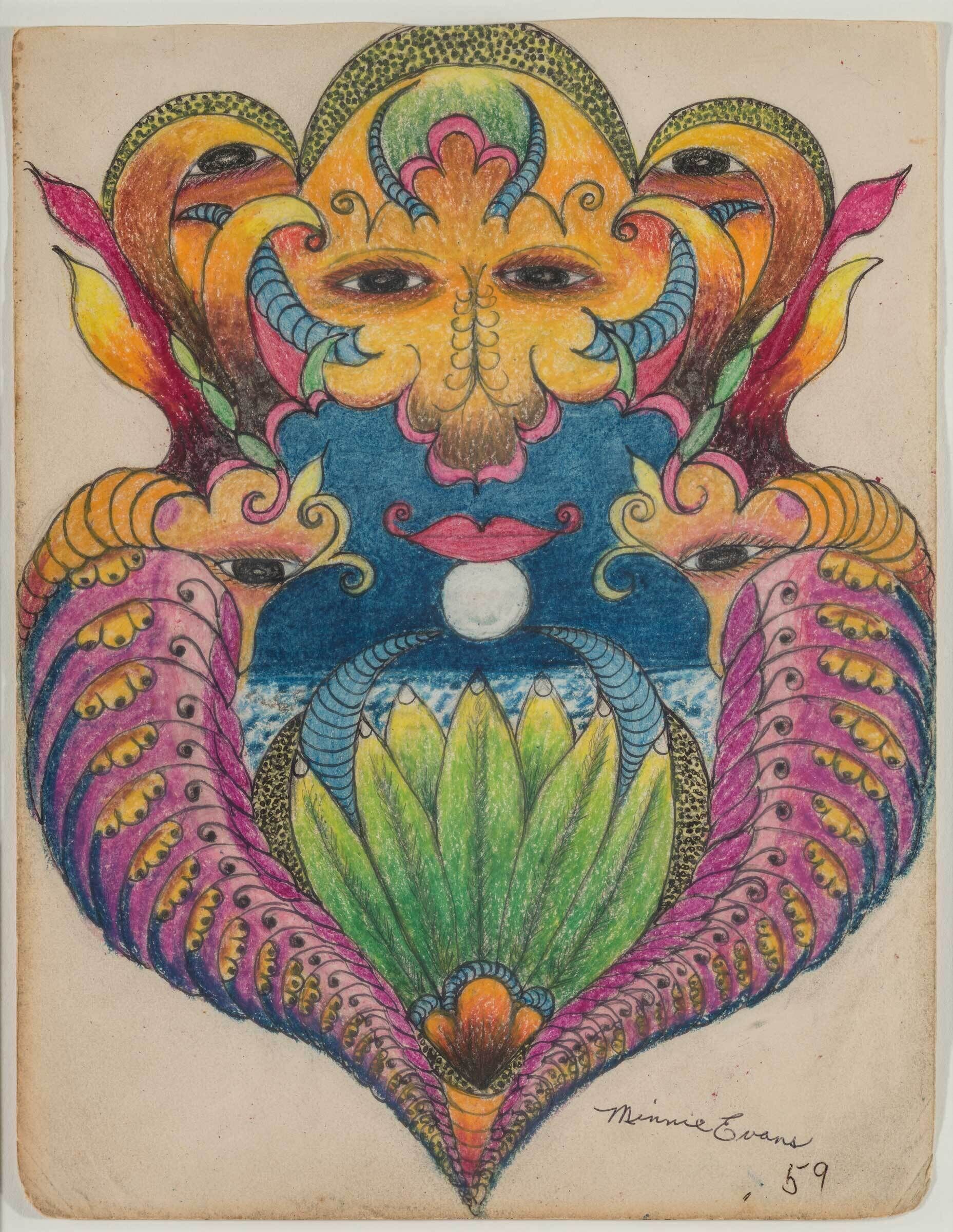 A colorful symmetrical fantasy face with curled feather patterns and a green leaf-like center.