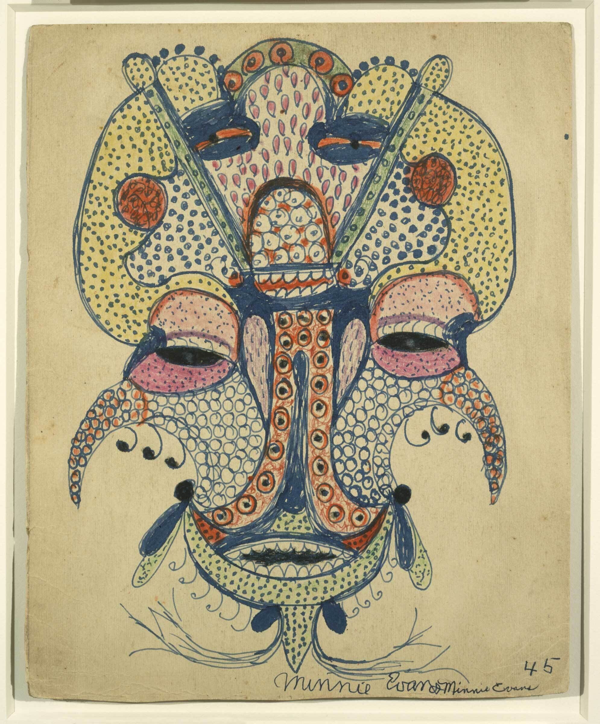 A colorful symmetrical abstract face made of dotted patterns, circles, and bold blue outlines.