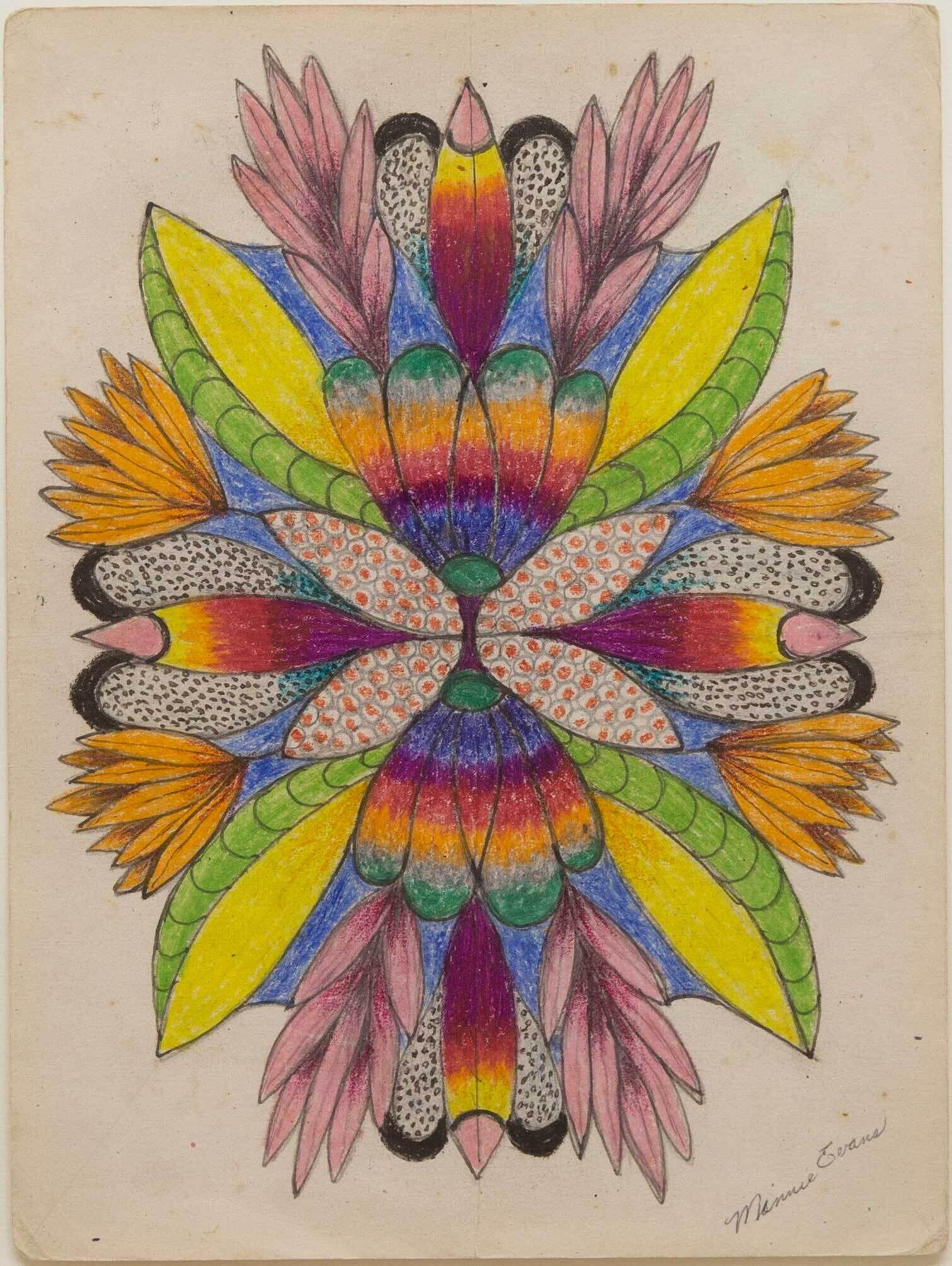 Symmetrical colorful floral and feather pattern drawn with pencils on aged paper.