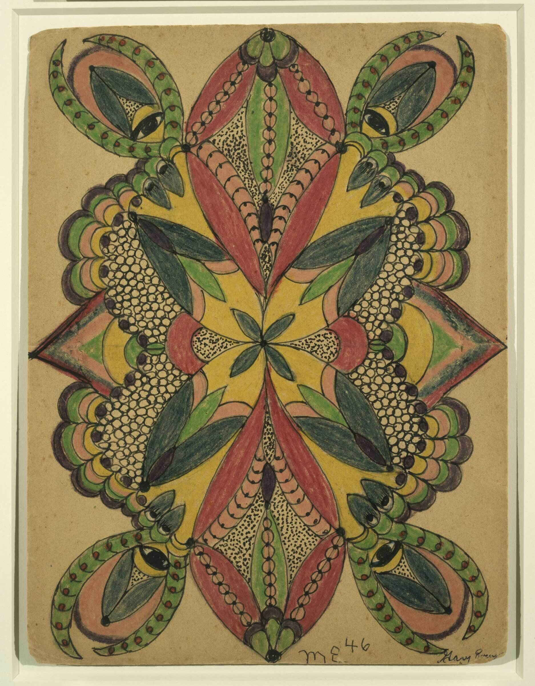 Bright hand-drawn symmetrical floral pattern with green, red, and yellow shapes on brown paper.