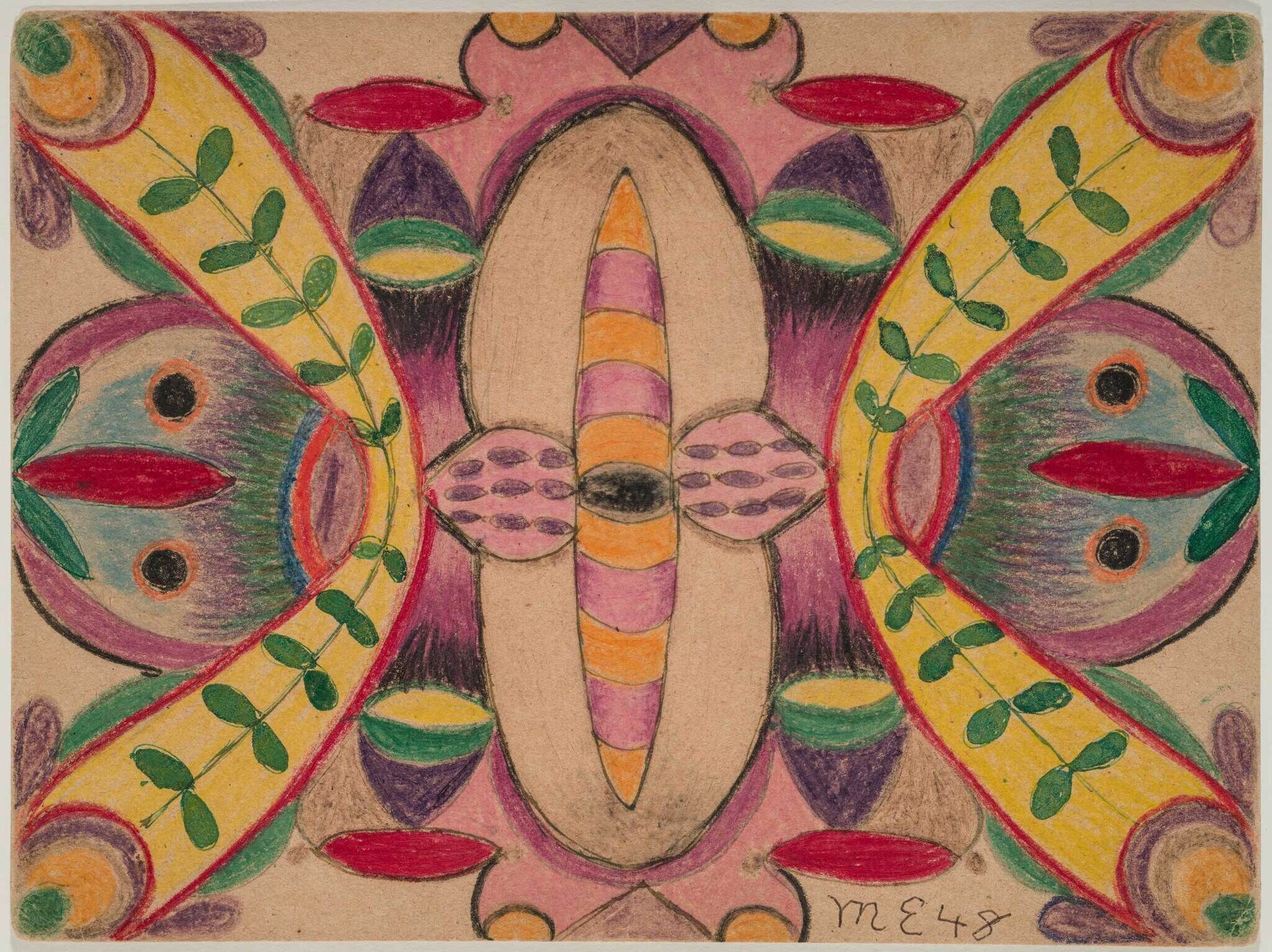 Bright symmetrical abstract butterfly-like design with colorful wing patterns and green leaf motifs.