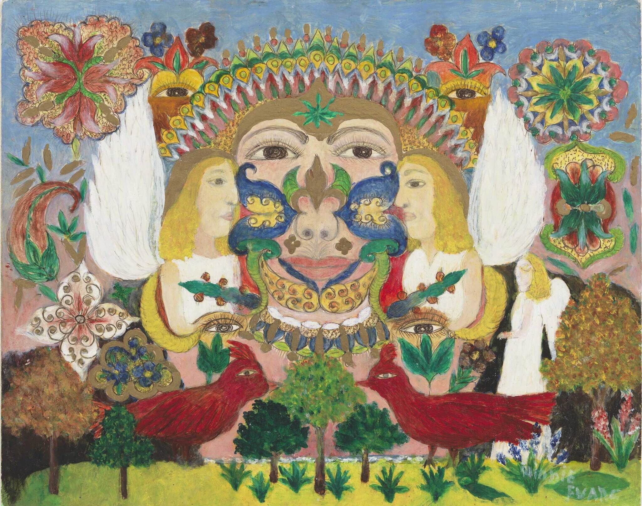A colorful ornate face with two angelic figures kissing its cheeks and two red birds.
