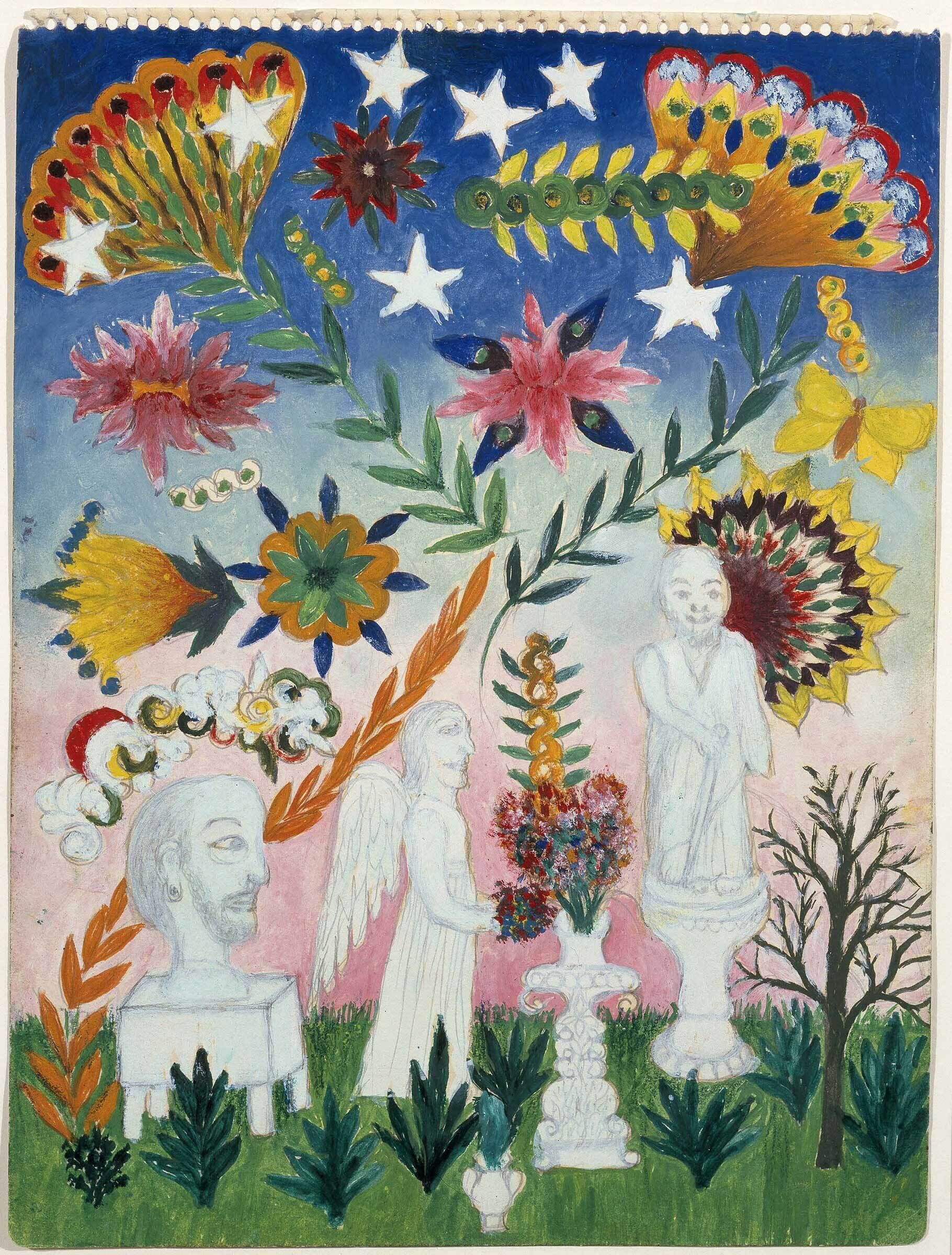 An angelic figure offers a bouquet in front of white statues amid bright flowers and stars.