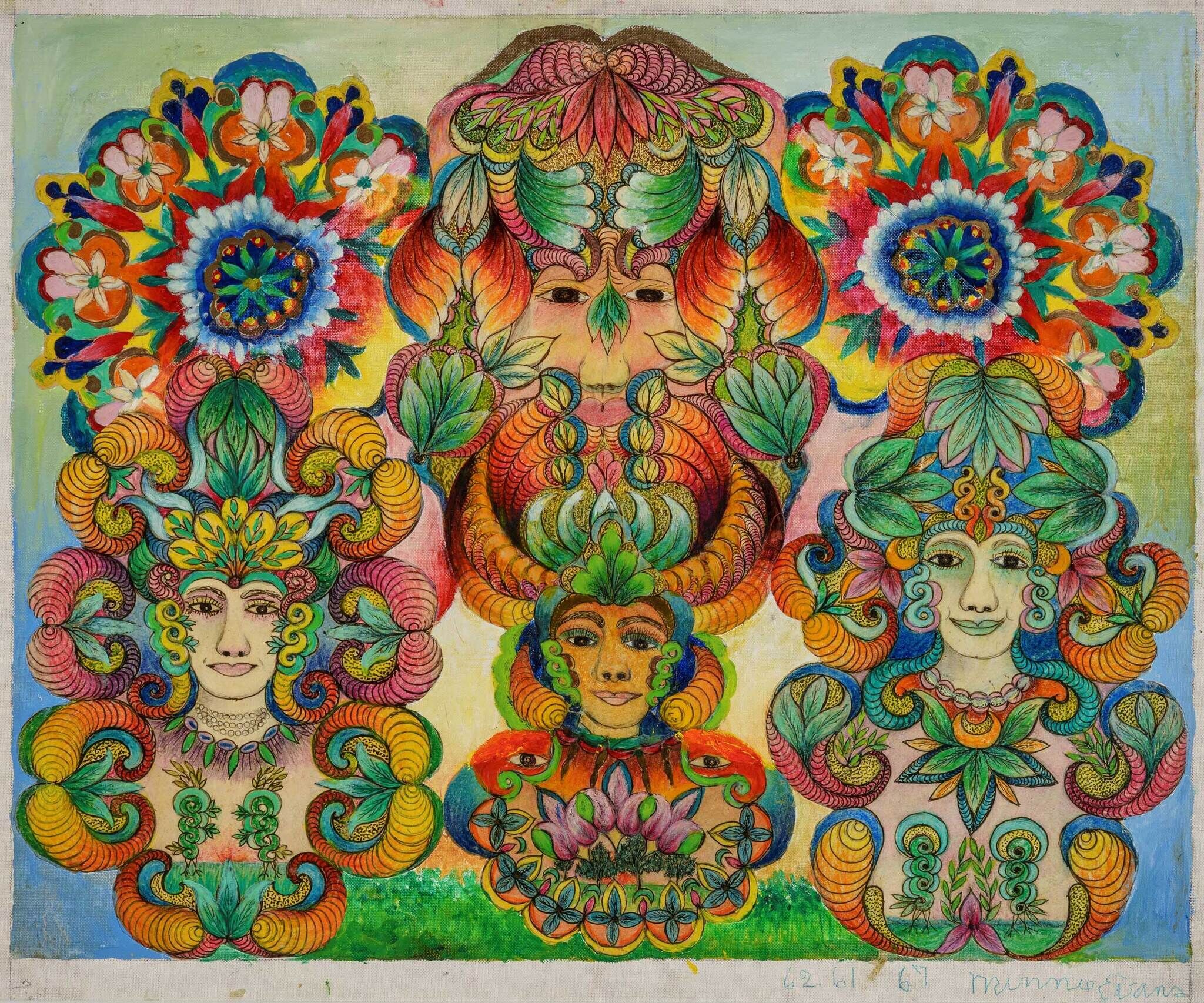 Three ornate faces with elaborate floral and leaf headdresses in bright, swirling colors.