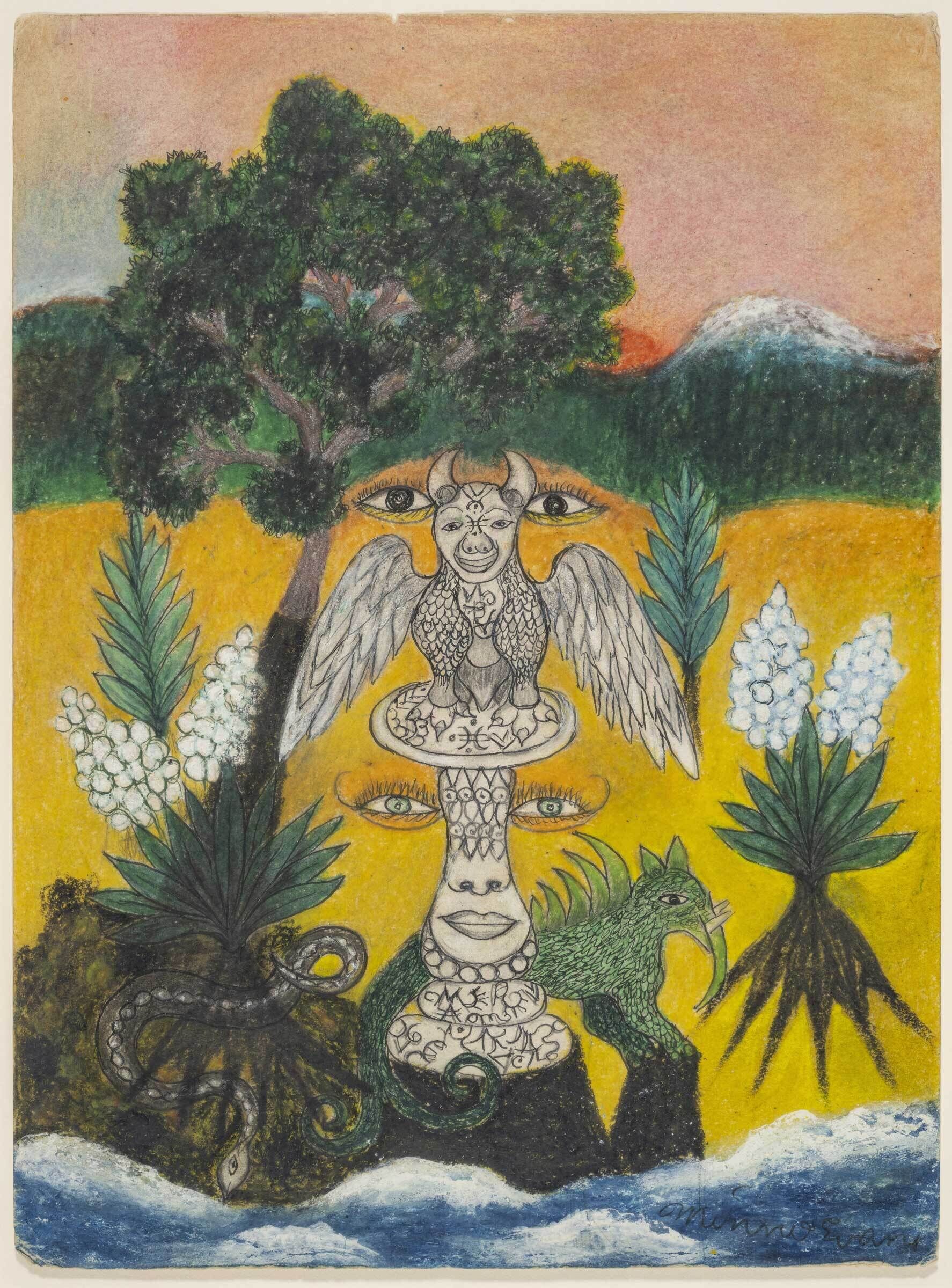 A surreal stacked totem with a winged horned creature, faces, snake, and plants by the sea.
