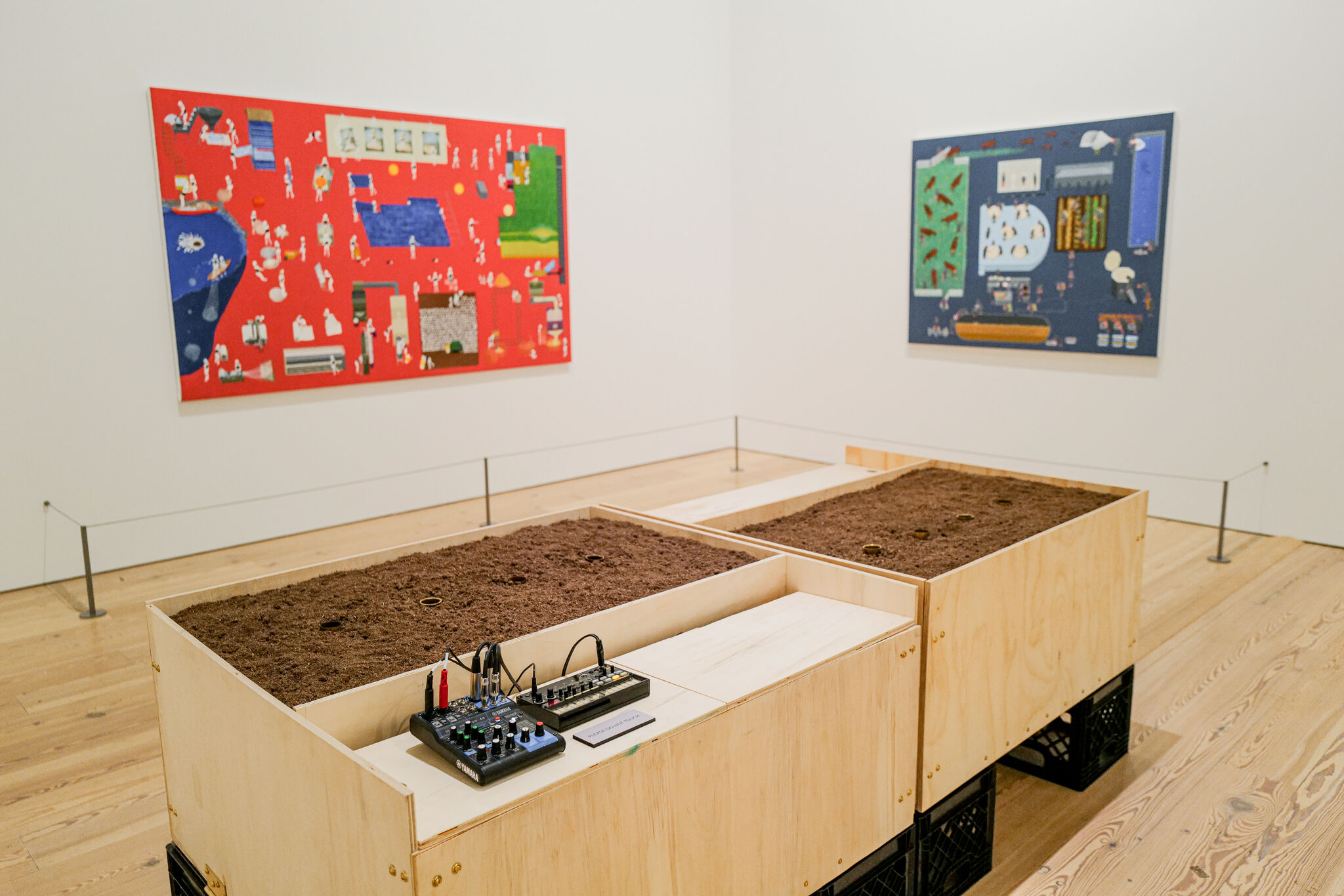A rectangular sculpture made of plywood sits on black milk creates in a white walled gallery. The plywood boxes are filled with soil and two black boxes with audio cables sit on on edge. There are colorful paintings hanging on the wall behind the sculpture.