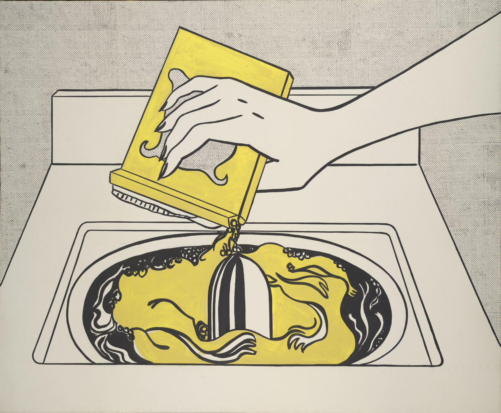 A hand pours thick yellow liquid from a rectangular container into a sink with swirling patterns.