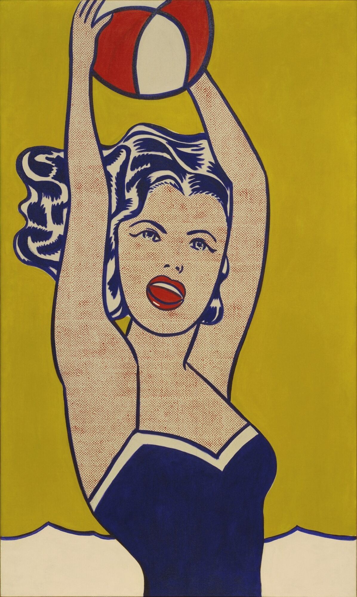 Woman in a blue swimsuit holds a red-and-white beach ball above her head against yellow background.
